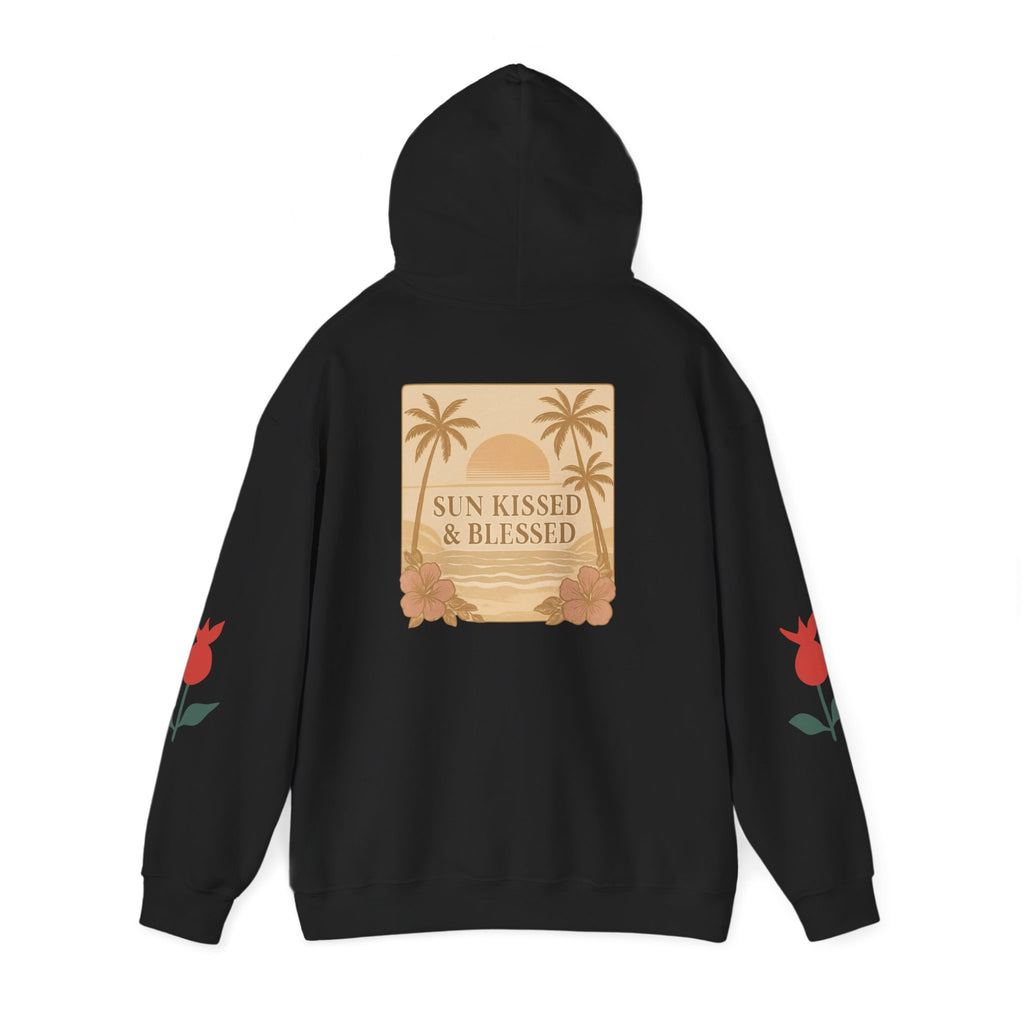 Coastal Soul Hoodie — 'Sun Kissed & Blessed' Tropical Palm Graphic Hooded Sweatshirt