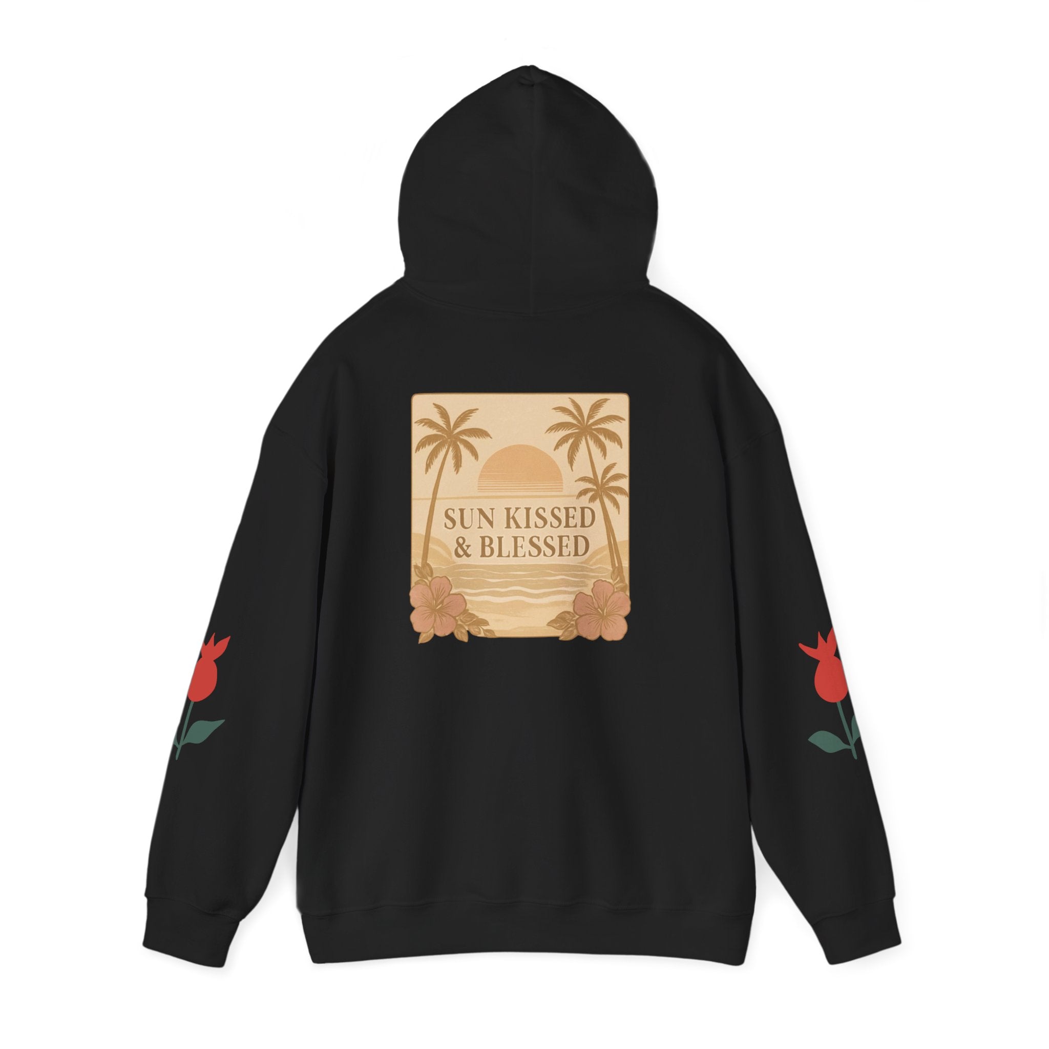 Coastal Soul Hoodie — 'Sun Kissed & Blessed' Tropical Palm Graphic Hooded Sweatshirt