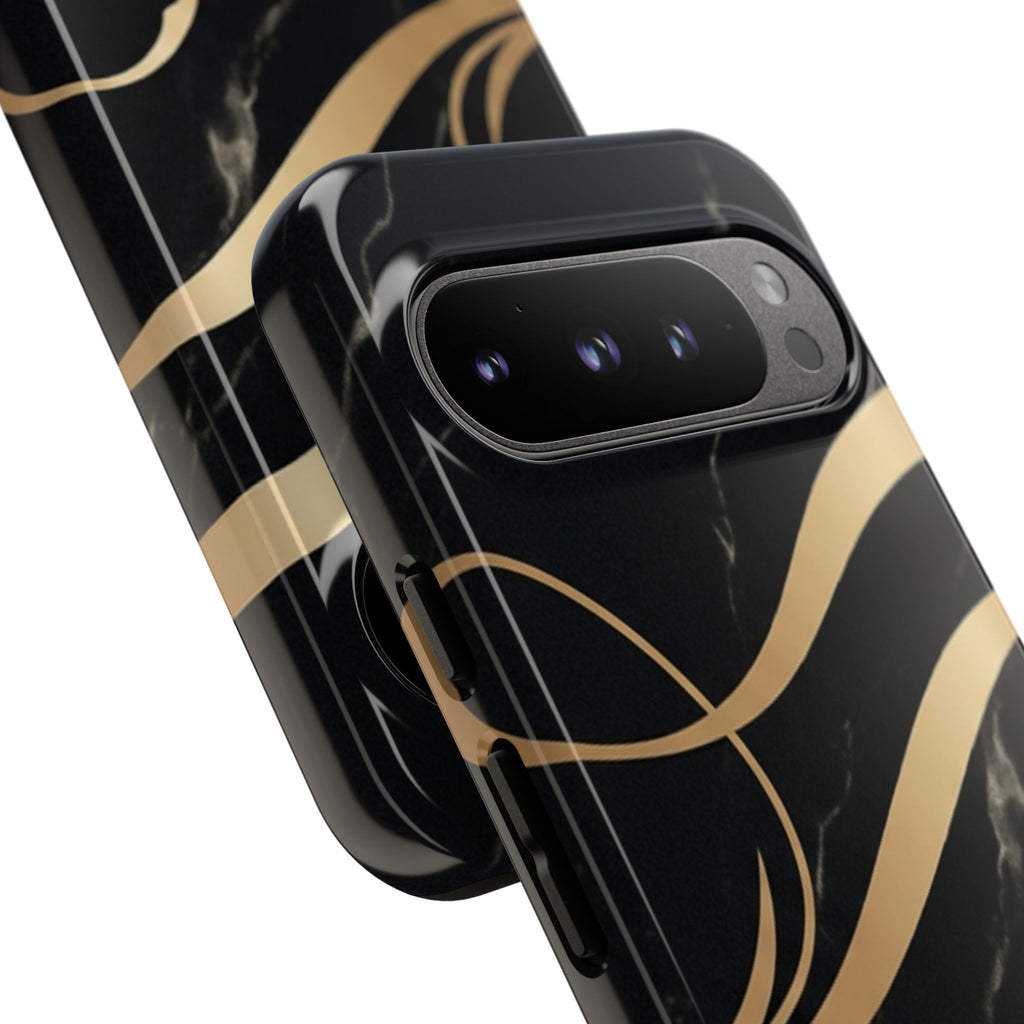 Black Marble Phone Case with Gold Swirl — Elegant Protective Tough Case