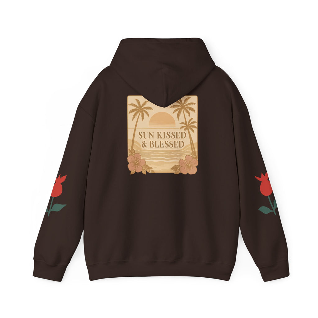 Coastal Soul Hoodie — 'Sun Kissed & Blessed' Tropical Palm Graphic Hooded Sweatshirt