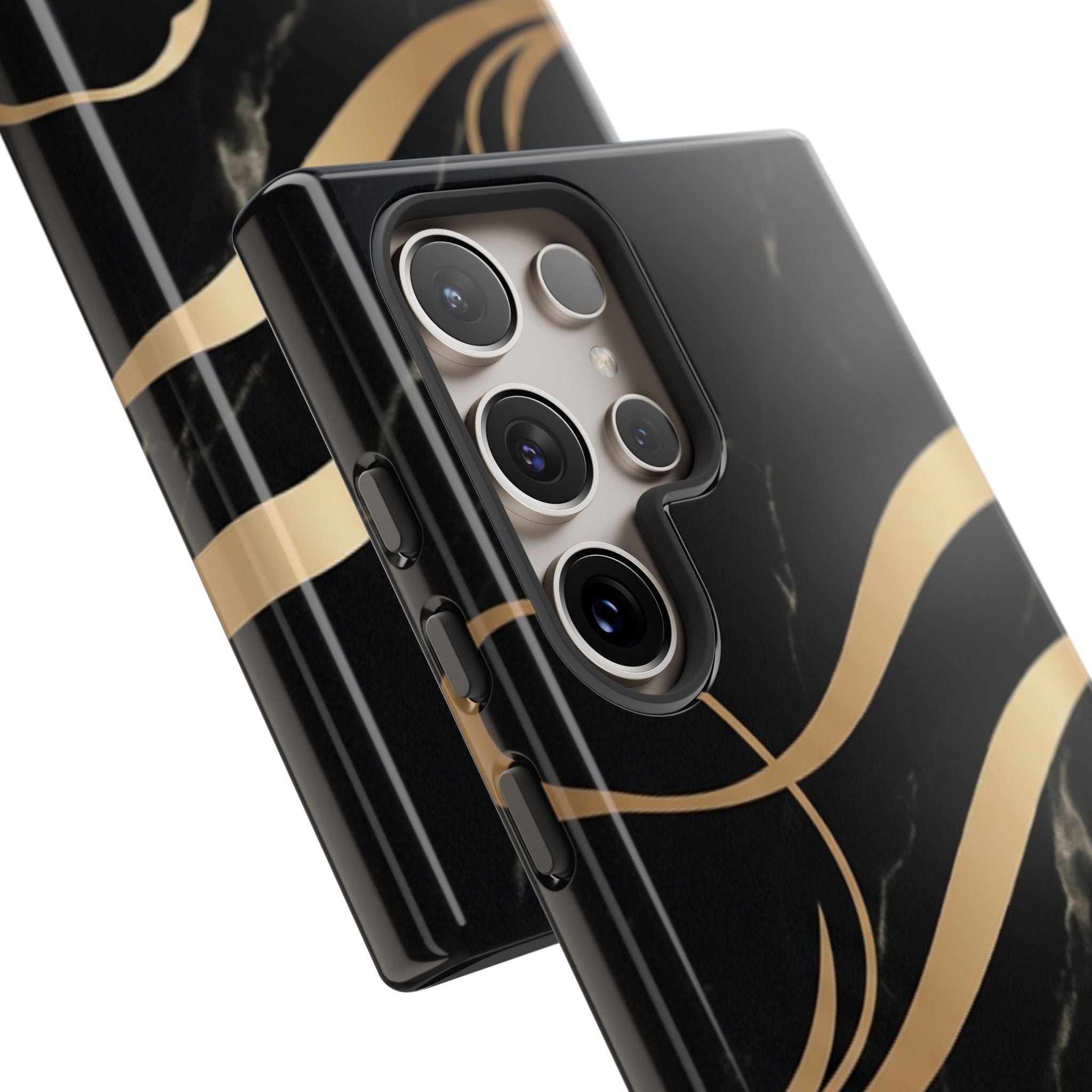 Black Marble Phone Case with Gold Swirl — Elegant Protective Tough Case