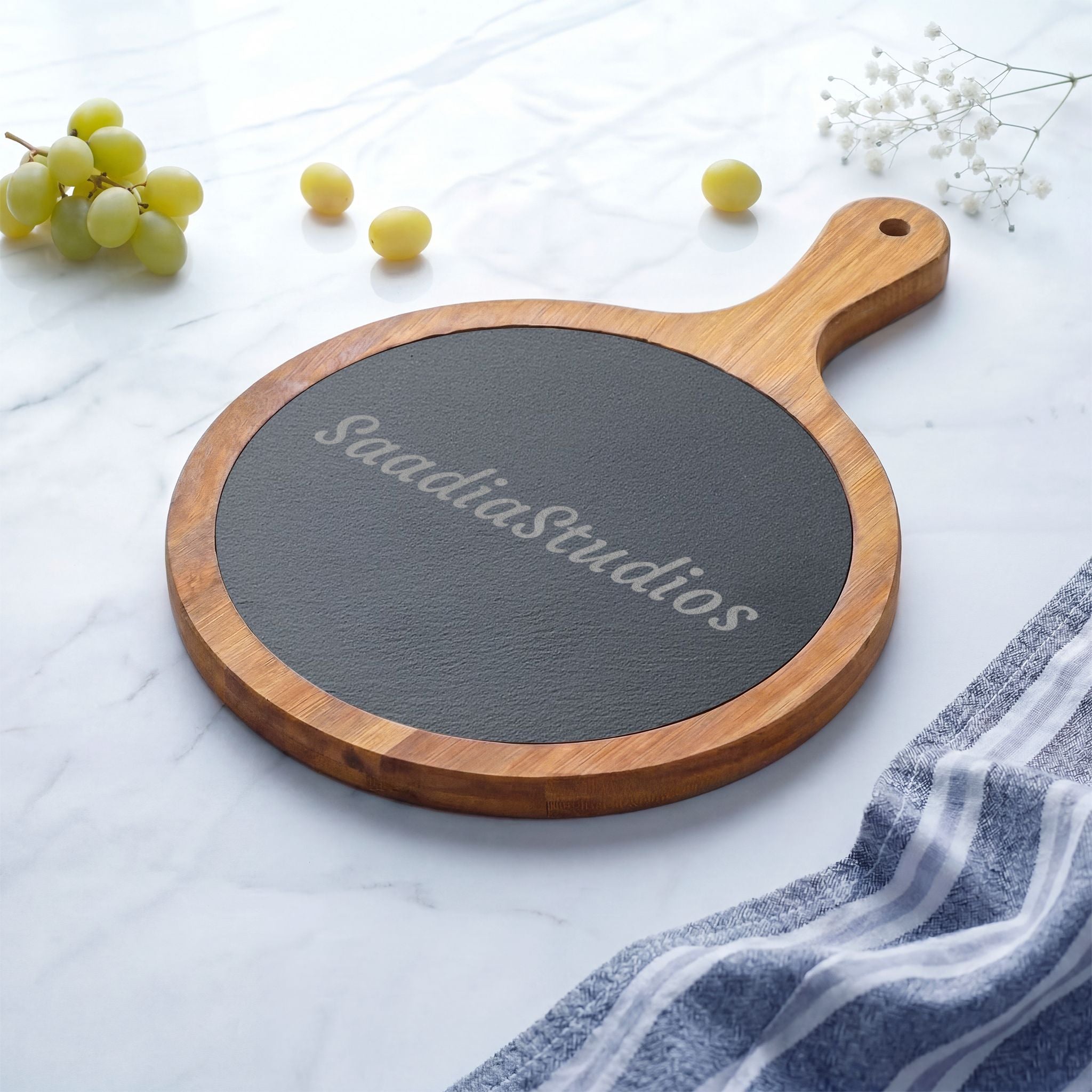 Engraved Acacia Charcuterie Board with Slate Insert & Cheese Knives