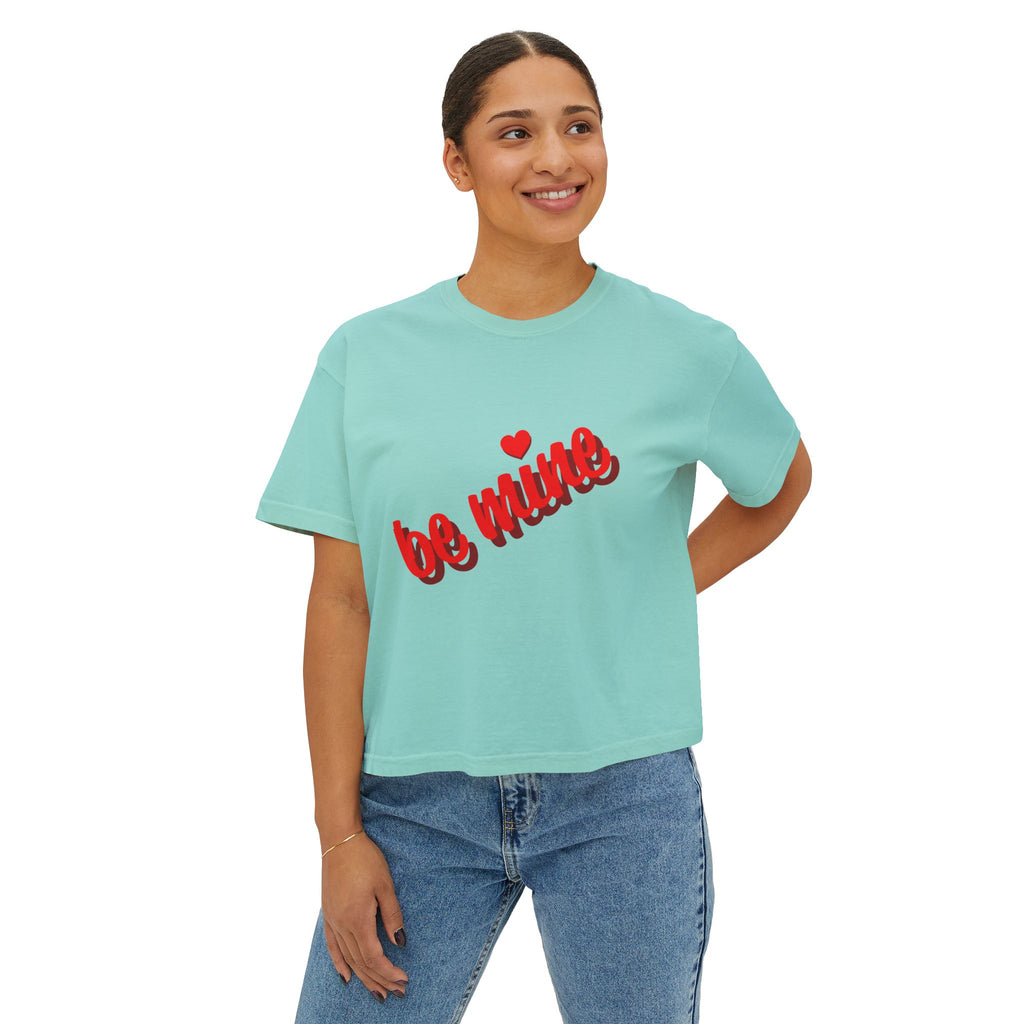 Be Mine Heart Script Boxy Tee — Valentine Rose Graphic Top