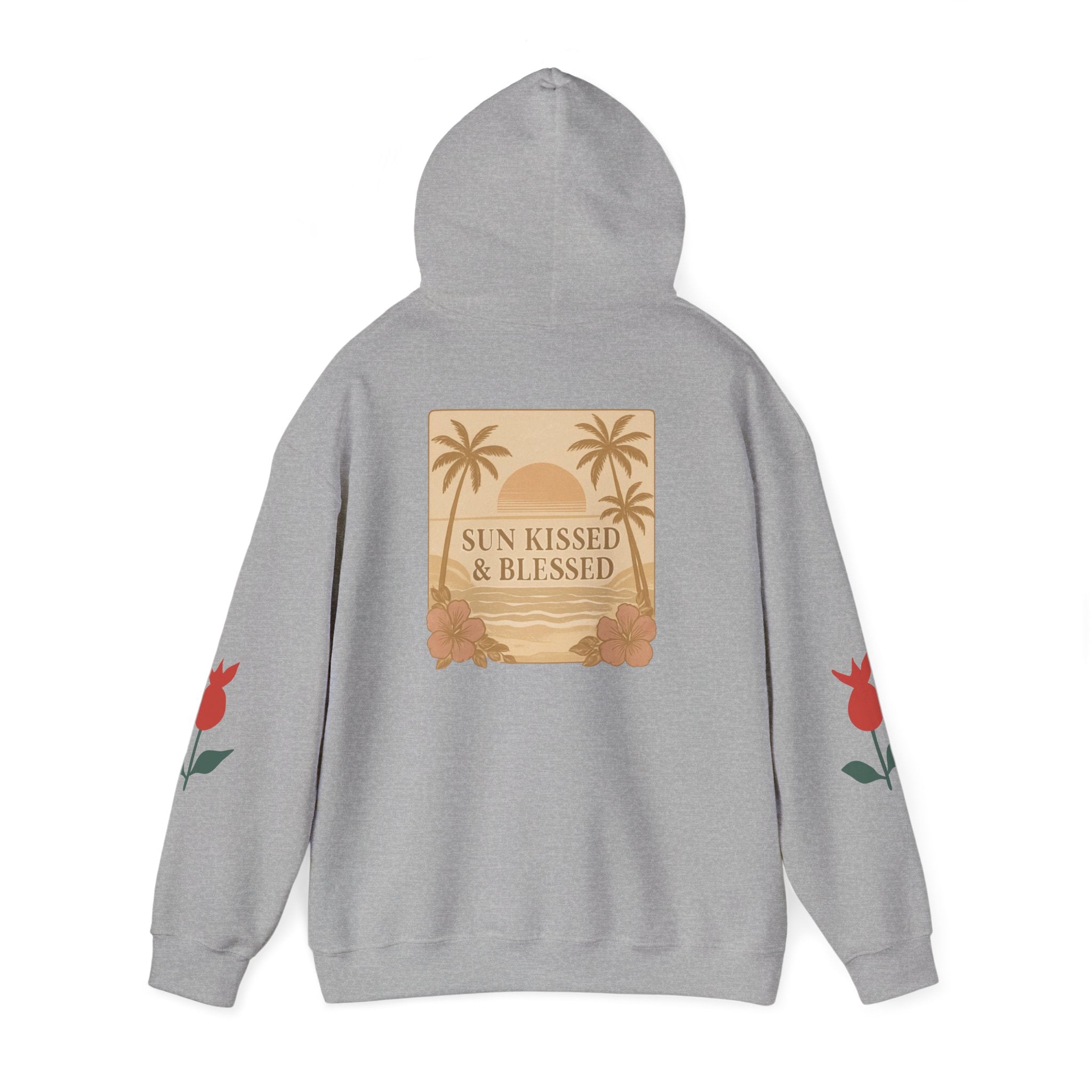 Coastal Soul Hoodie — 'Sun Kissed & Blessed' Tropical Palm Graphic Hooded Sweatshirt
