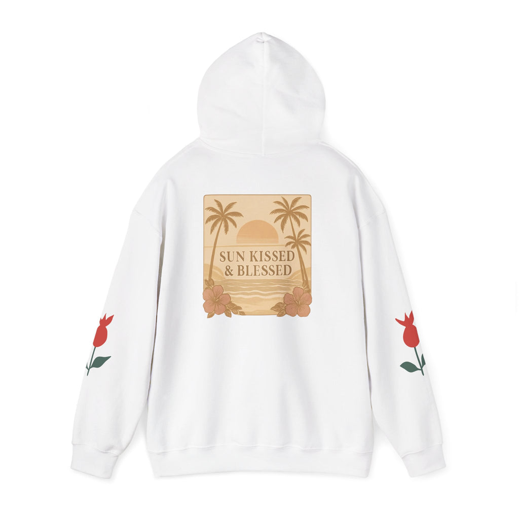 Coastal Soul Hoodie — 'Sun Kissed & Blessed' Tropical Palm Graphic Hooded Sweatshirt