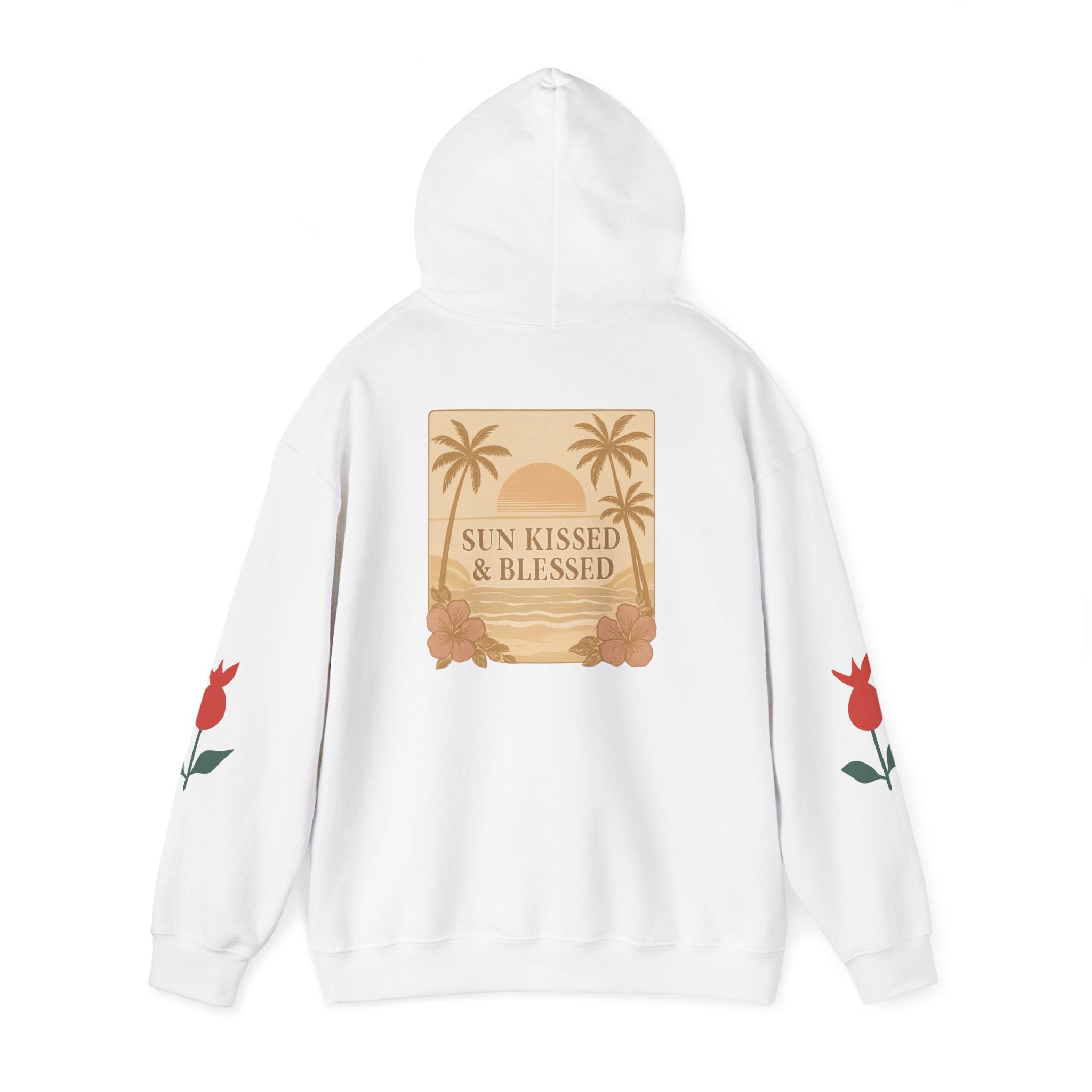 Coastal Soul Hoodie — 'Sun Kissed & Blessed' Tropical Palm Graphic Hooded Sweatshirt
