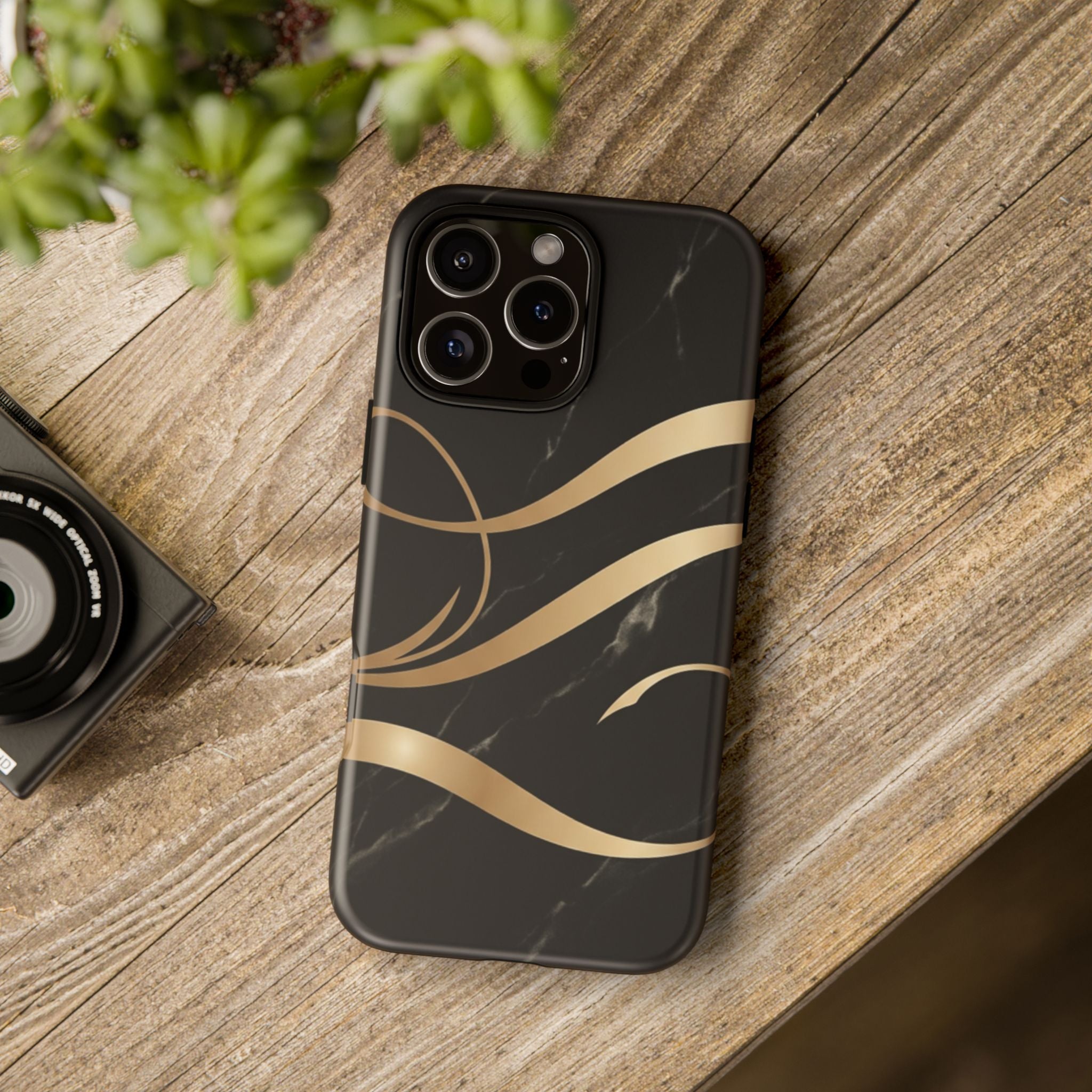 Black Marble Phone Case with Gold Swirl — Elegant Protective Tough Case