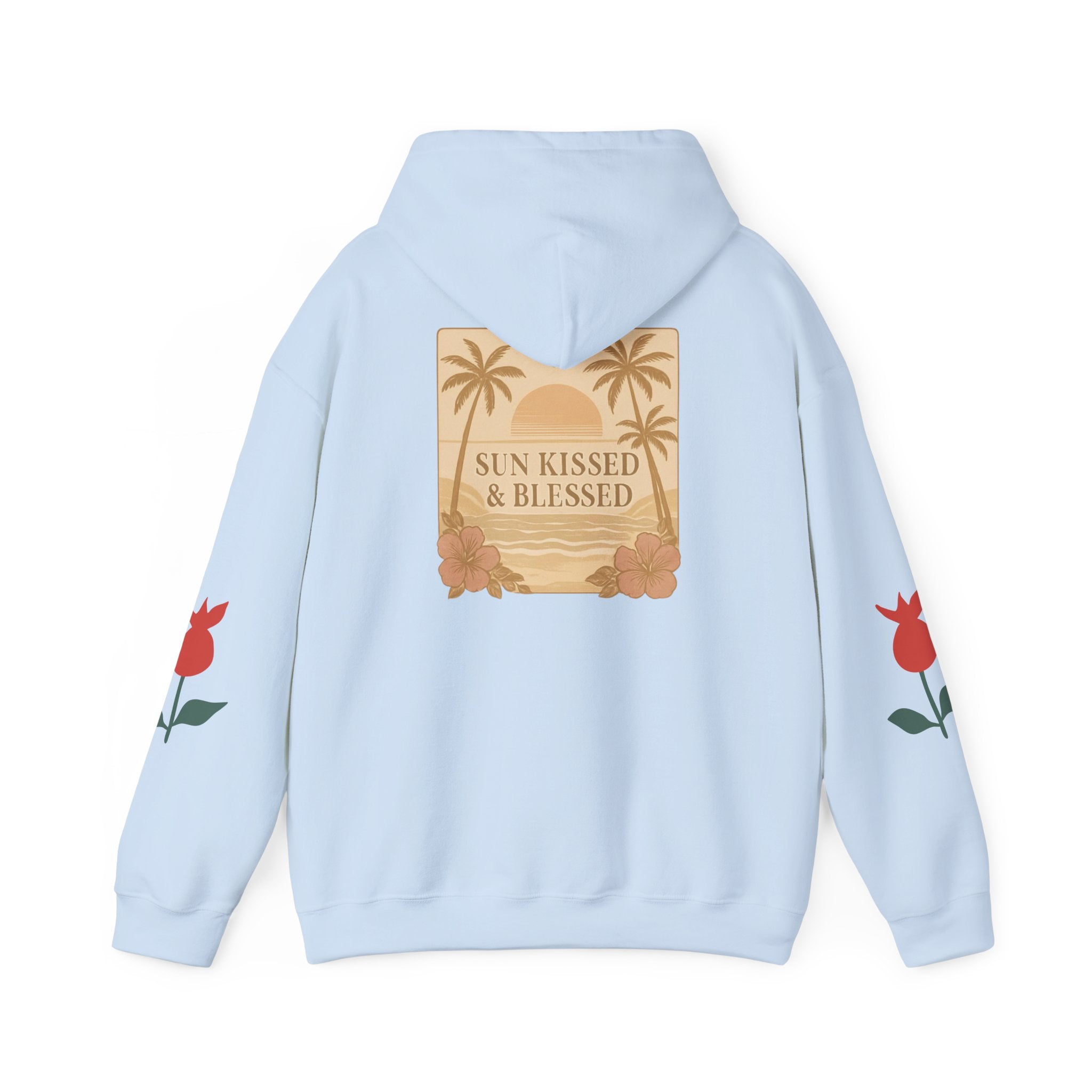 Coastal Soul Hoodie — 'Sun Kissed & Blessed' Tropical Palm Graphic Hooded Sweatshirt
