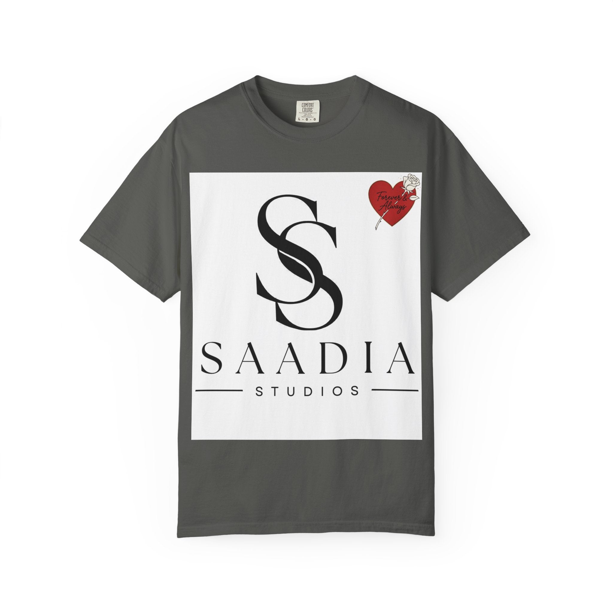 Saadia Studios Logo T-Shirt — SS Monogram Tee with Heart Accent