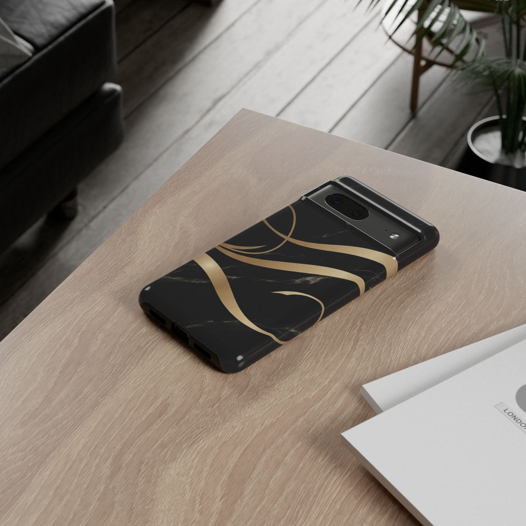 Black Marble Phone Case with Gold Swirl — Elegant Protective Tough Case