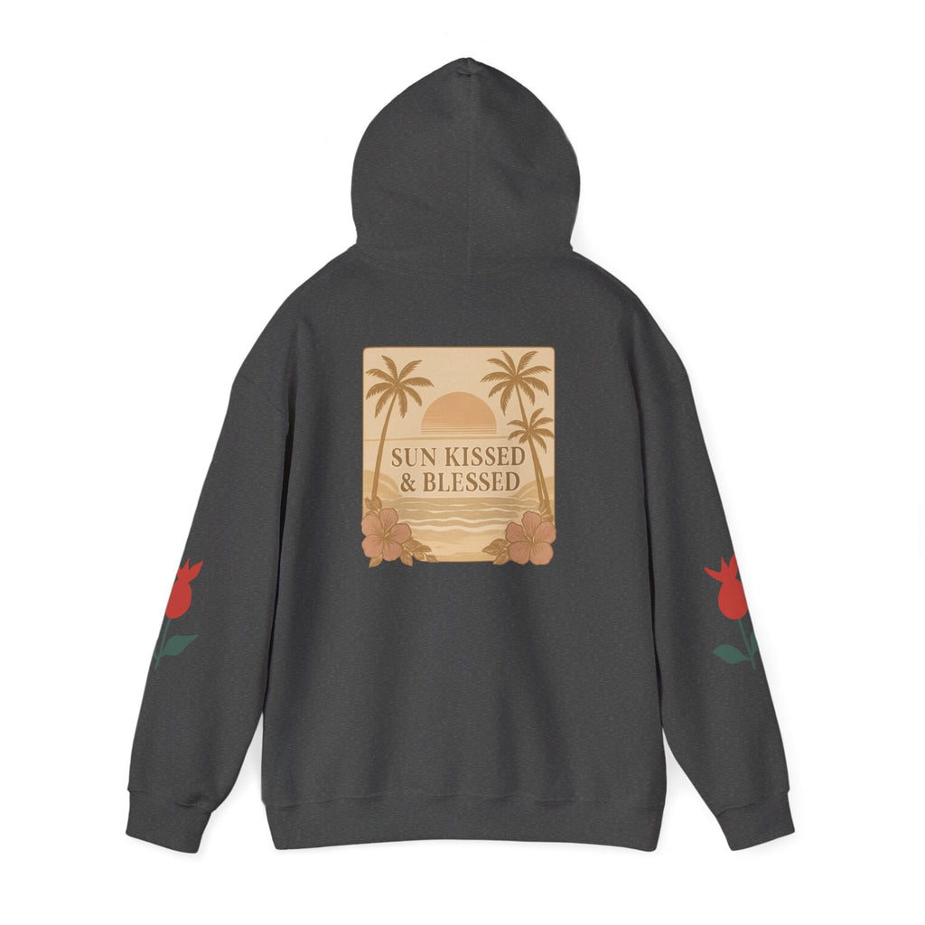 Coastal Soul Hoodie — 'Sun Kissed & Blessed' Tropical Palm Graphic Hooded Sweatshirt