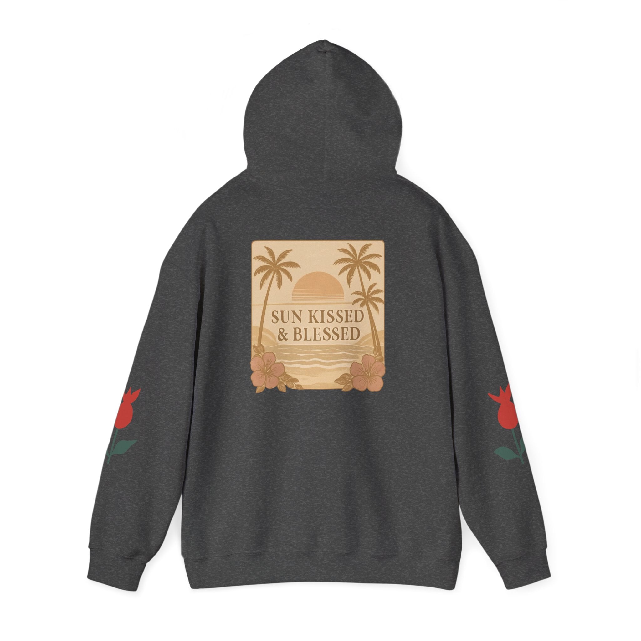 Coastal Soul Hoodie — 'Sun Kissed & Blessed' Tropical Palm Graphic Hooded Sweatshirt