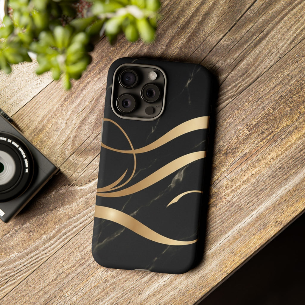 Black Marble Phone Case with Gold Swirl — Elegant Protective Tough Case