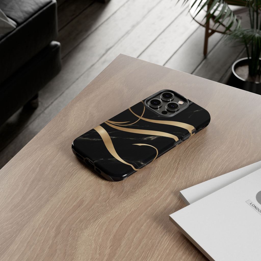 Black Marble Phone Case with Gold Swirl — Elegant Protective Tough Case