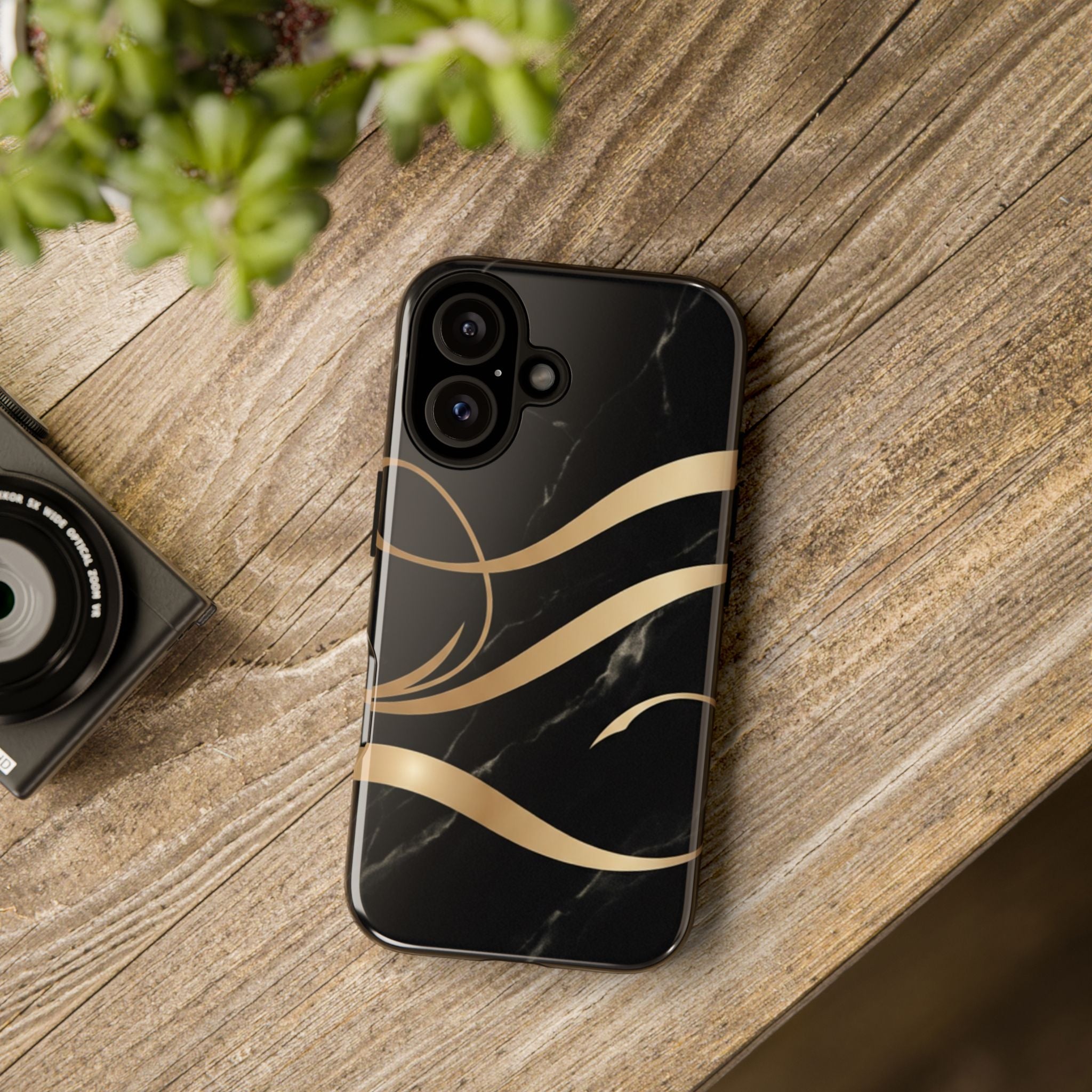 Black Marble Phone Case with Gold Swirl — Elegant Protective Tough Case