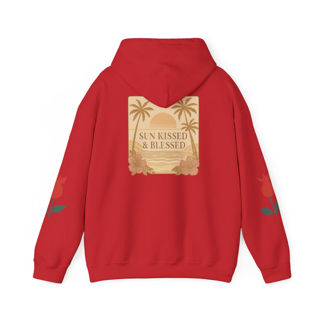 Coastal Soul Hoodie — 'Sun Kissed & Blessed' Tropical Palm Graphic Hooded Sweatshirt