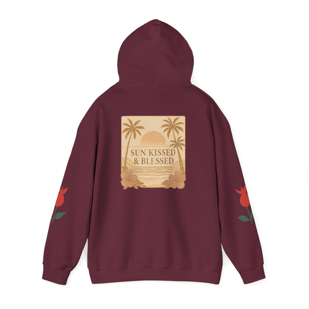 Coastal Soul Hoodie — 'Sun Kissed & Blessed' Tropical Palm Graphic Hooded Sweatshirt