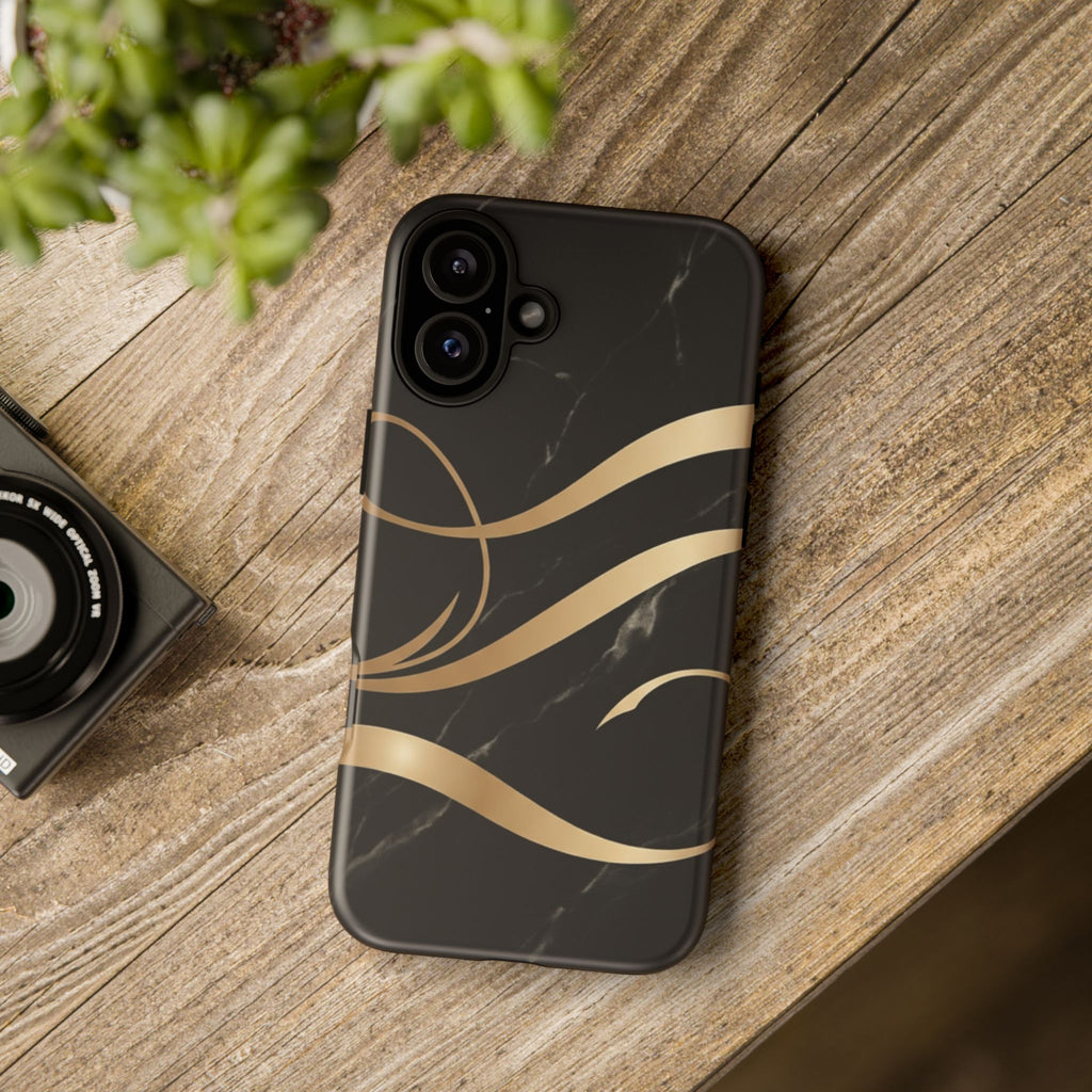 Black Marble Phone Case with Gold Swirl — Elegant Protective Tough Case