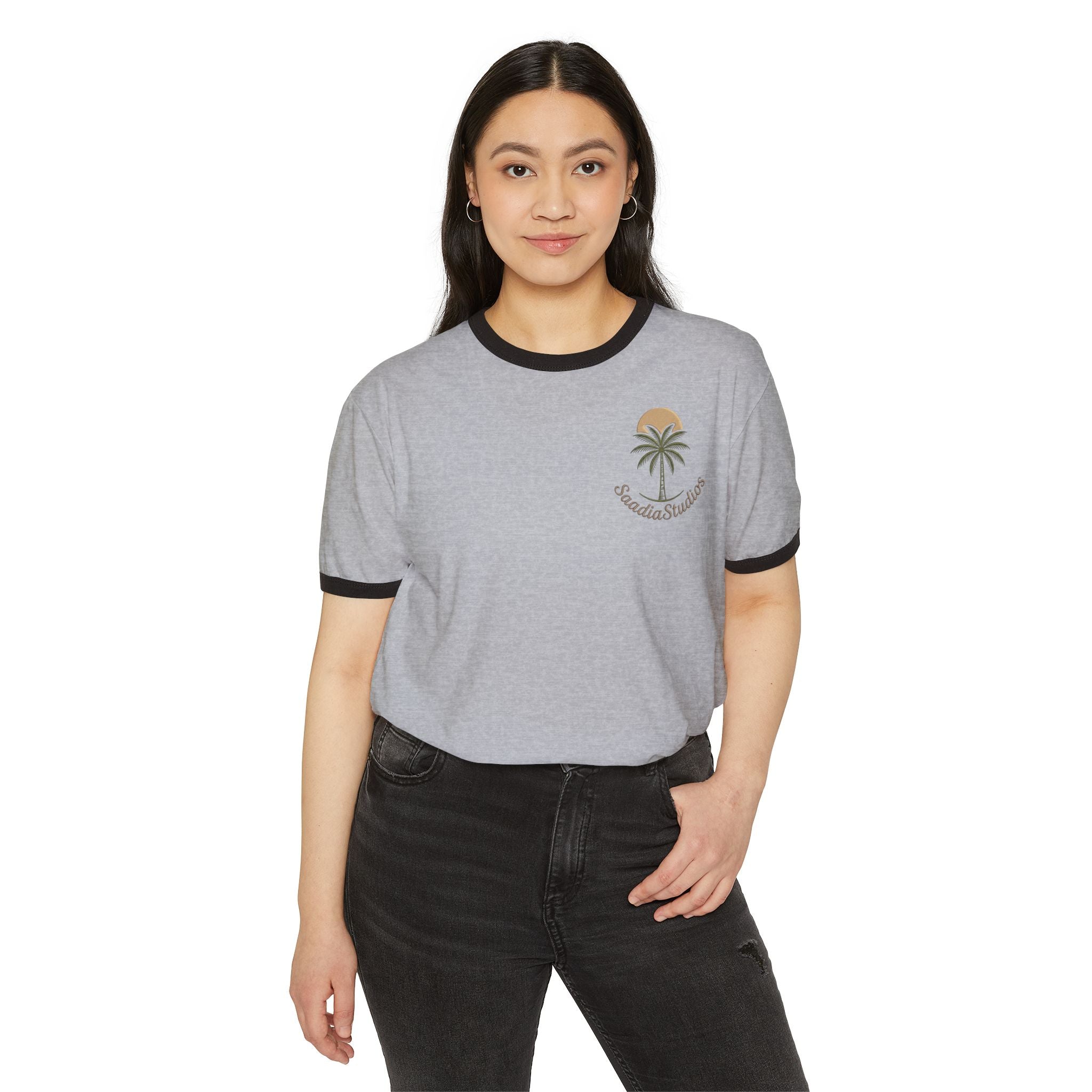 Coastal Life Ringer T-Shirt — "Coastal Life, Mind at Ease" Palm Sunset Tee