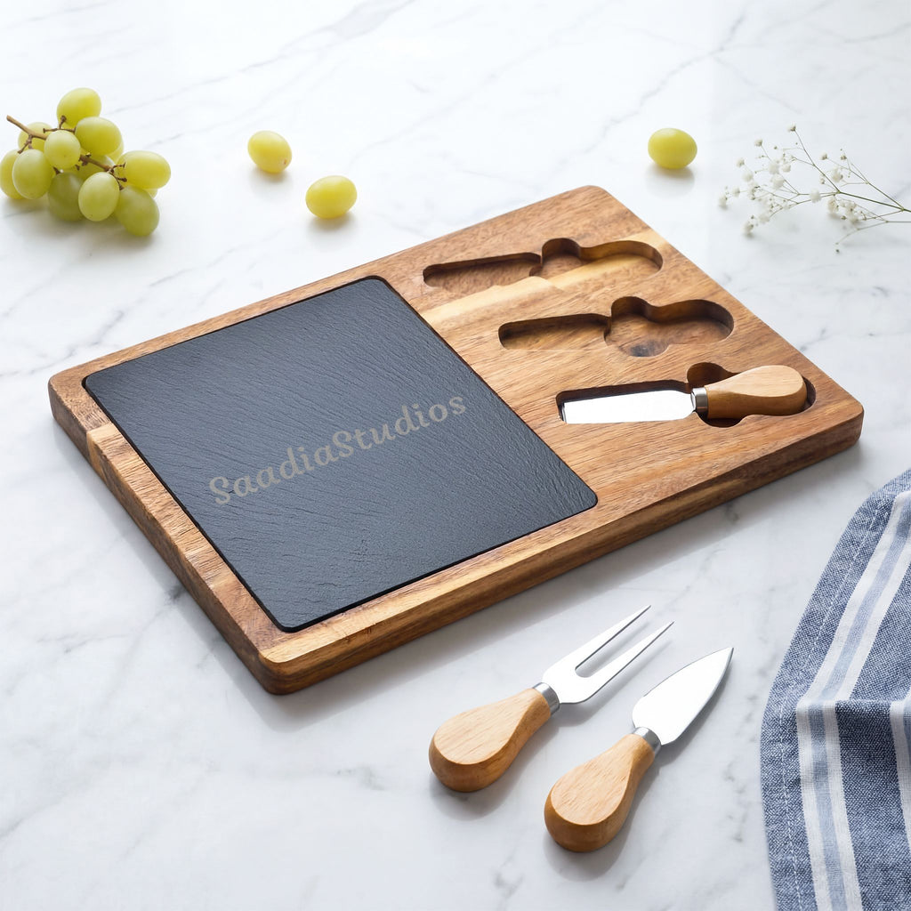 Engraved Acacia Charcuterie Board with Slate Insert & Cheese Knives