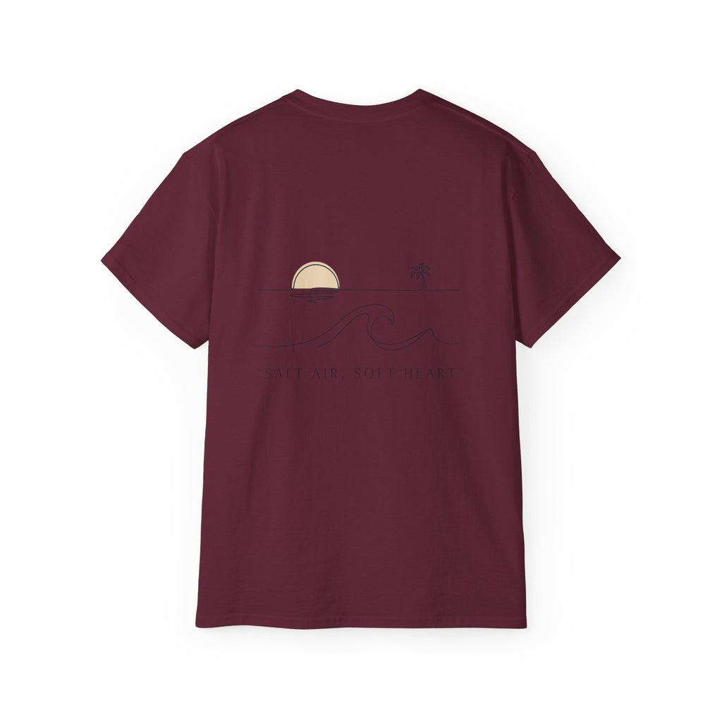 T-Shirt — Retro Palm Sunset Surf Tee ("Salt Air, Soft Hearts")
