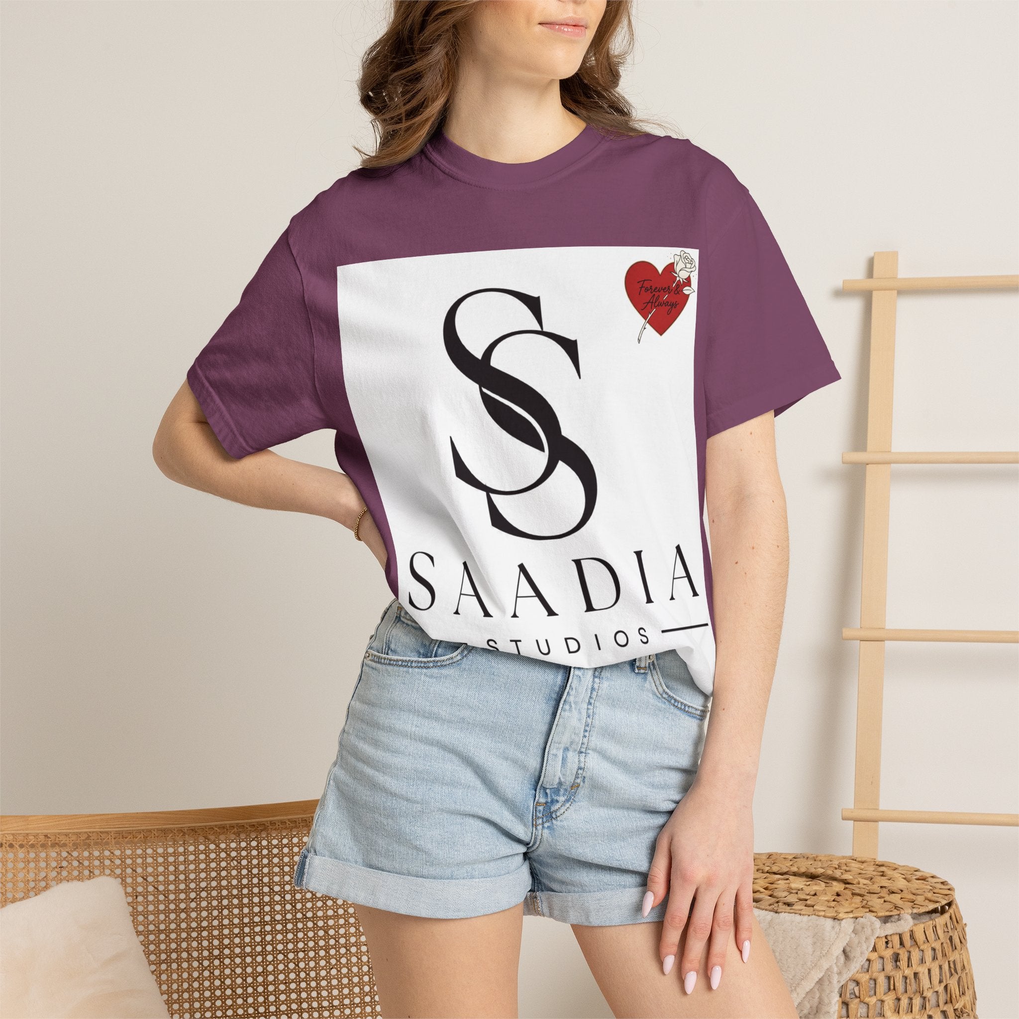Saadia Studios Logo T-Shirt — SS Monogram Tee with Heart Accent