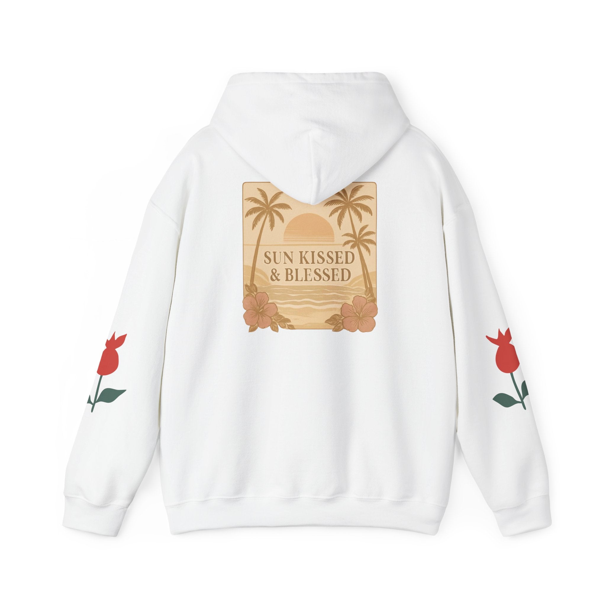 Coastal Soul Hoodie — 'Sun Kissed & Blessed' Tropical Palm Graphic Hooded Sweatshirt