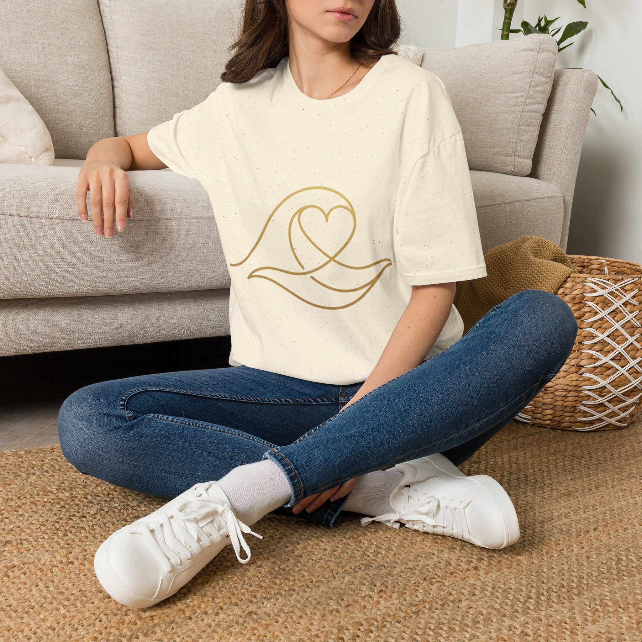 T-Shirt — Minimal Gold Wave Heart Graphic Tee | Beachy, Romantic Casual Top