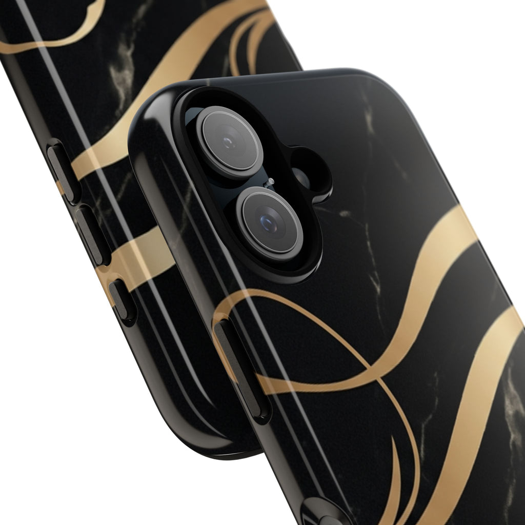 Black Marble Phone Case with Gold Swirl — Elegant Protective Tough Case