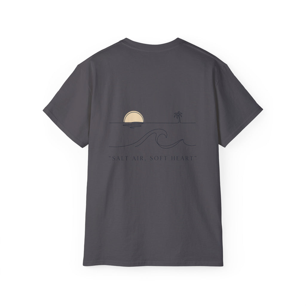 T-Shirt — Retro Palm Sunset Surf Tee ("Salt Air, Soft Hearts")