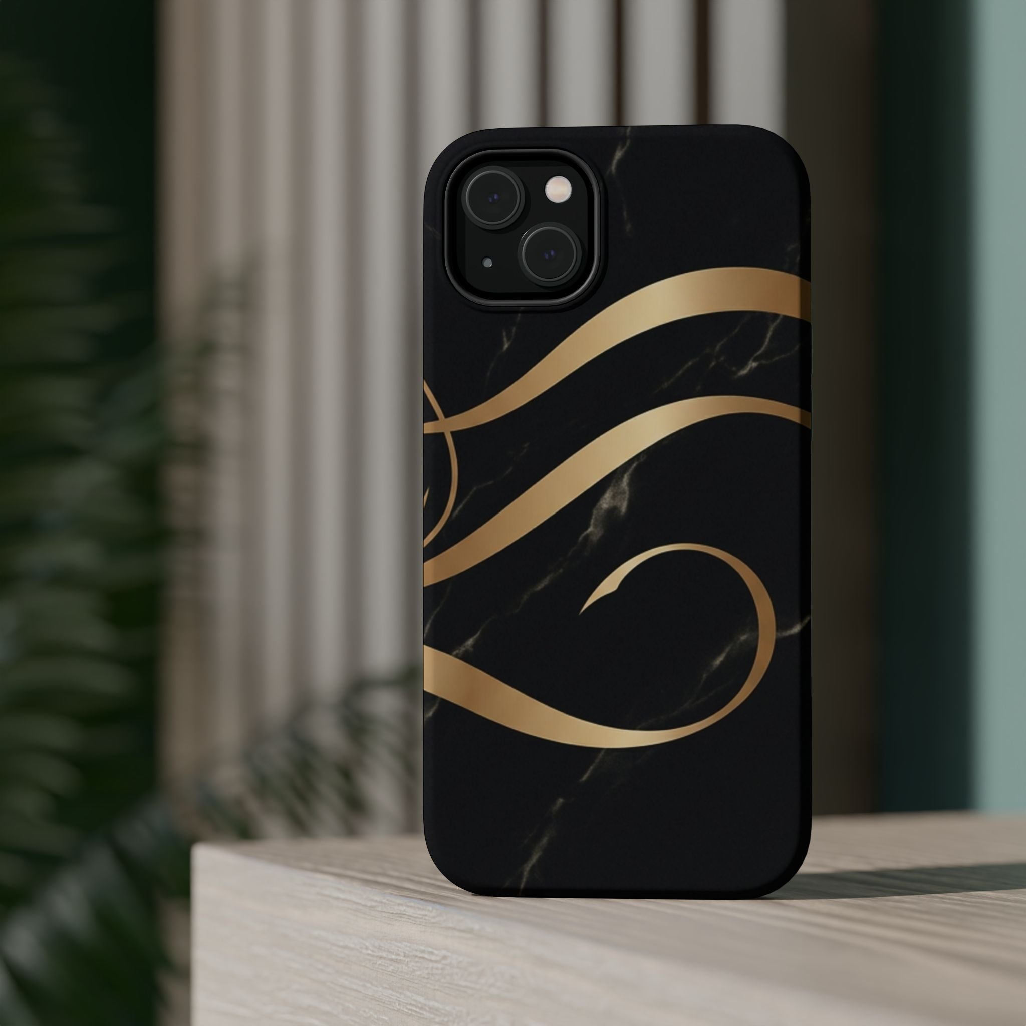 Magnetic Impact-Resistant Phone Case — Black Marble with Gold Swirl