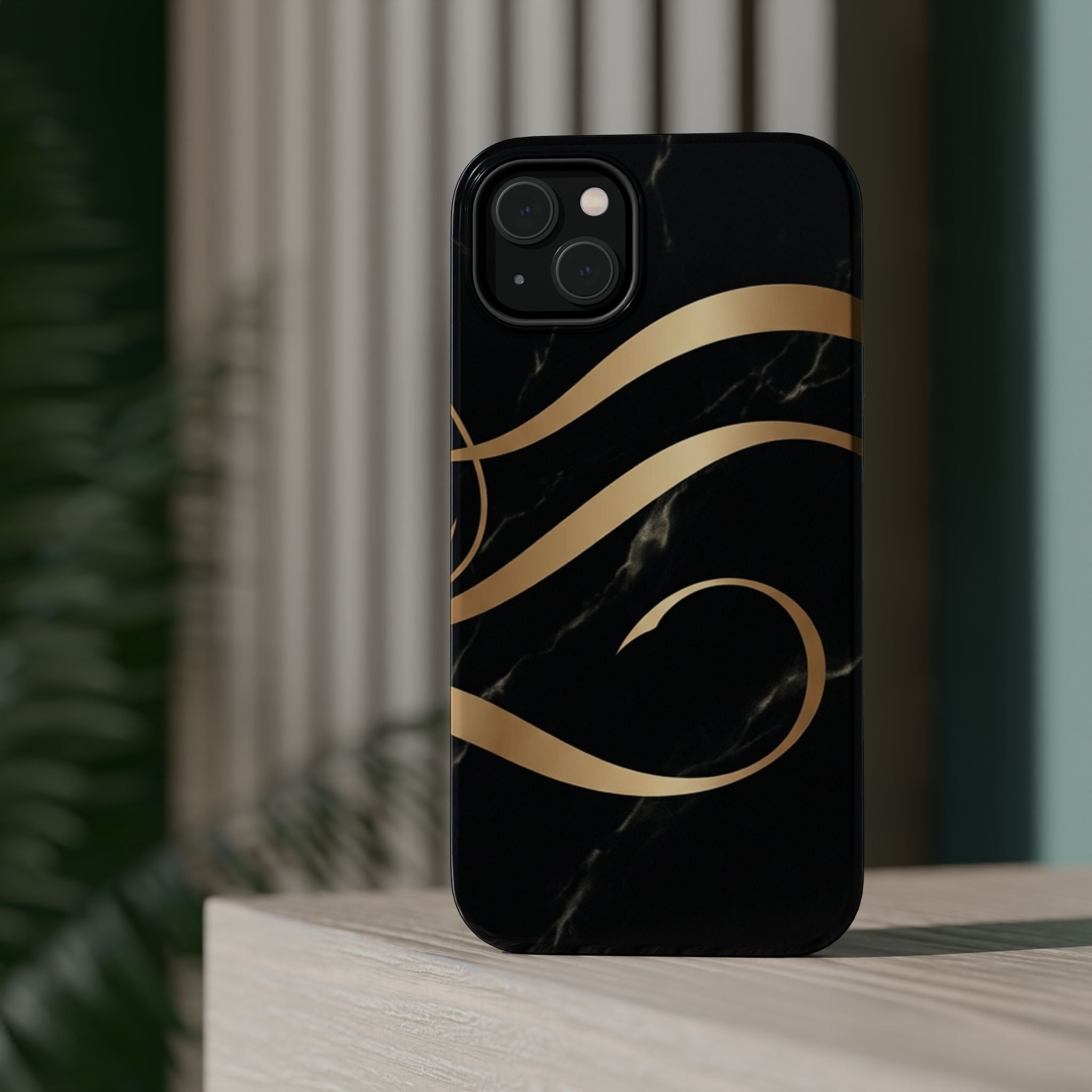 Magnetic Impact-Resistant Phone Case — Black Marble with Gold Swirl