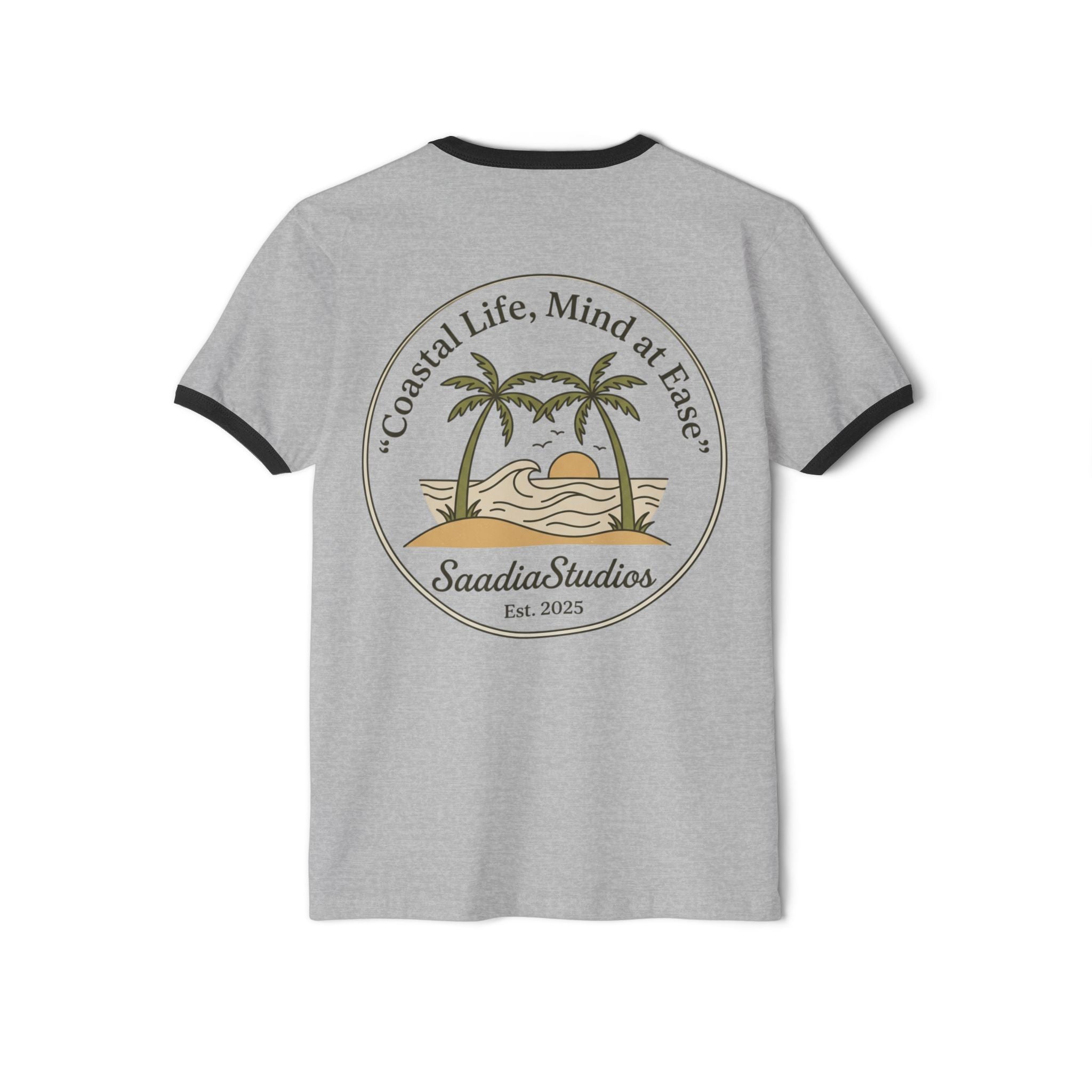 Coastal Life Ringer T-Shirt — "Coastal Life, Mind at Ease" Palm Sunset Tee