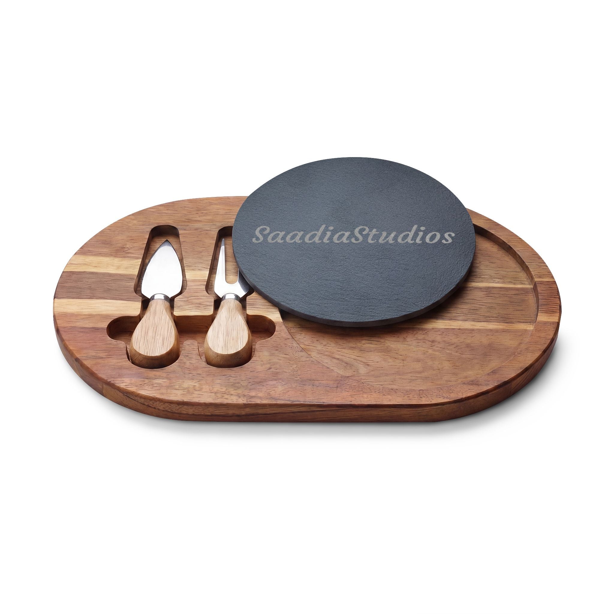 Engraved Acacia Charcuterie Board with Slate Insert & Cheese Knives