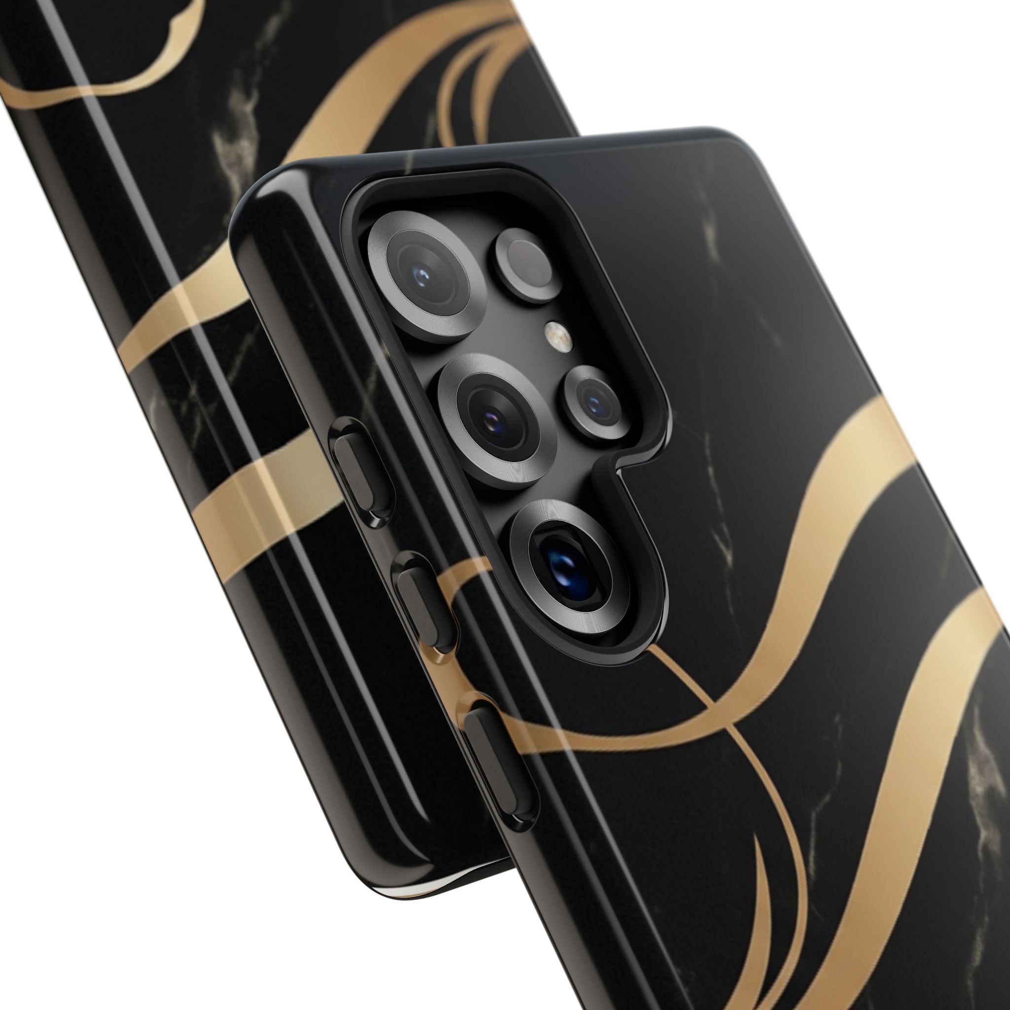 Black Marble Phone Case with Gold Swirl — Elegant Protective Tough Case