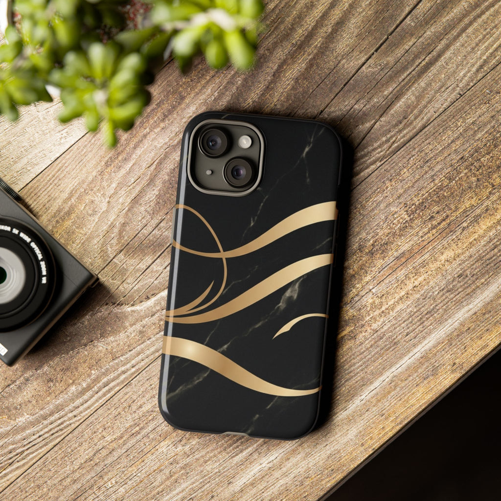 Black Marble Phone Case with Gold Swirl — Elegant Protective Tough Case