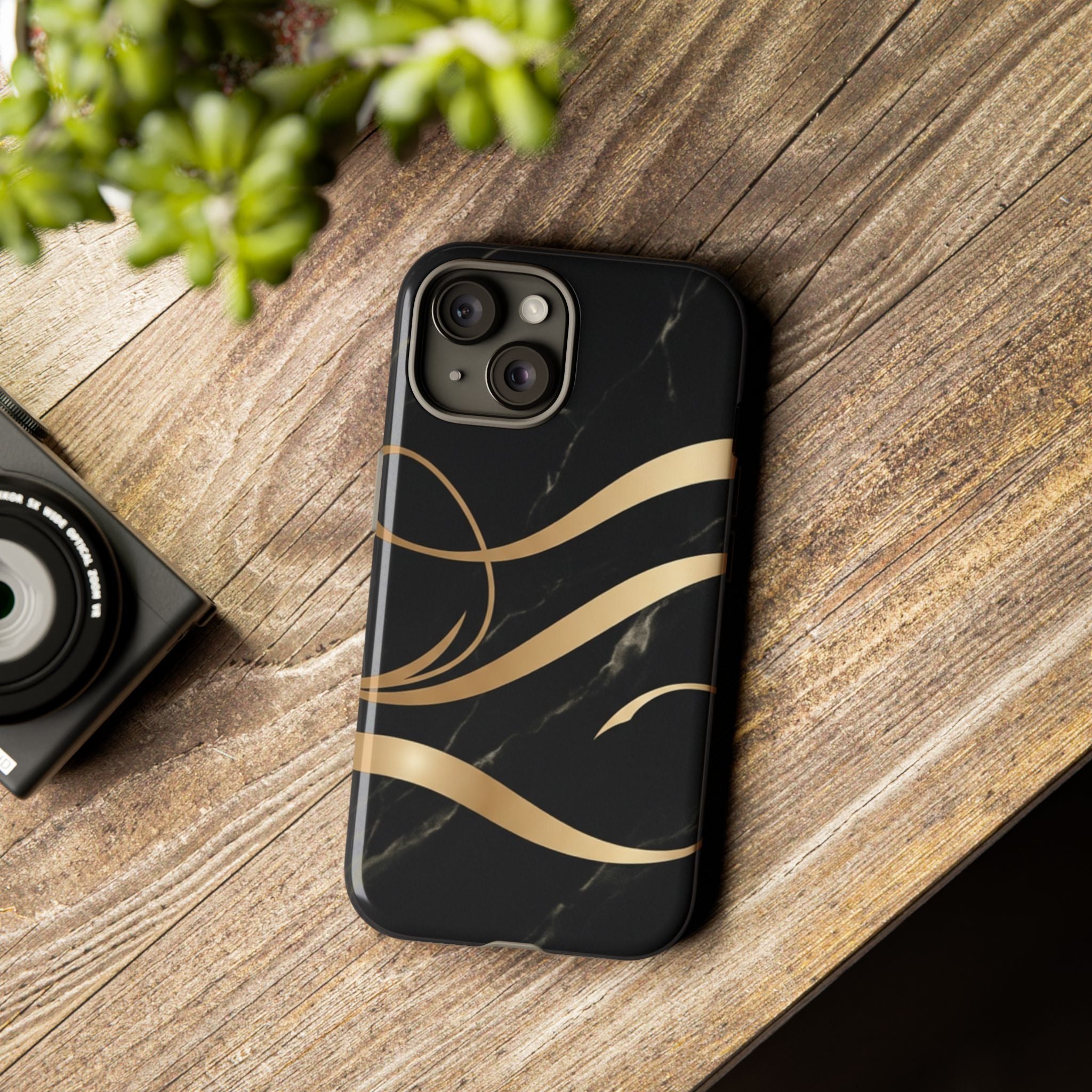 Black Marble Phone Case with Gold Swirl — Elegant Protective Tough Case