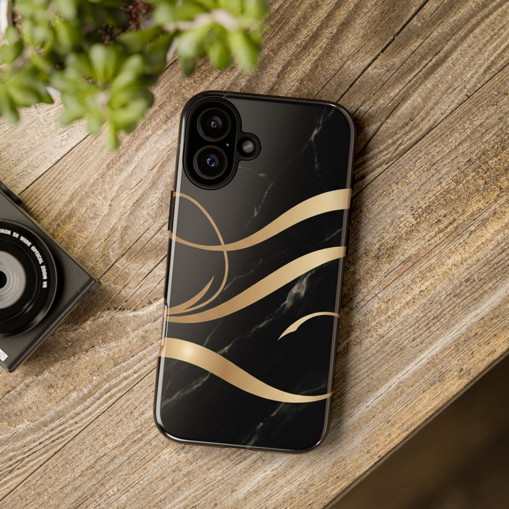 Black Marble Phone Case with Gold Swirl — Elegant Protective Tough Case
