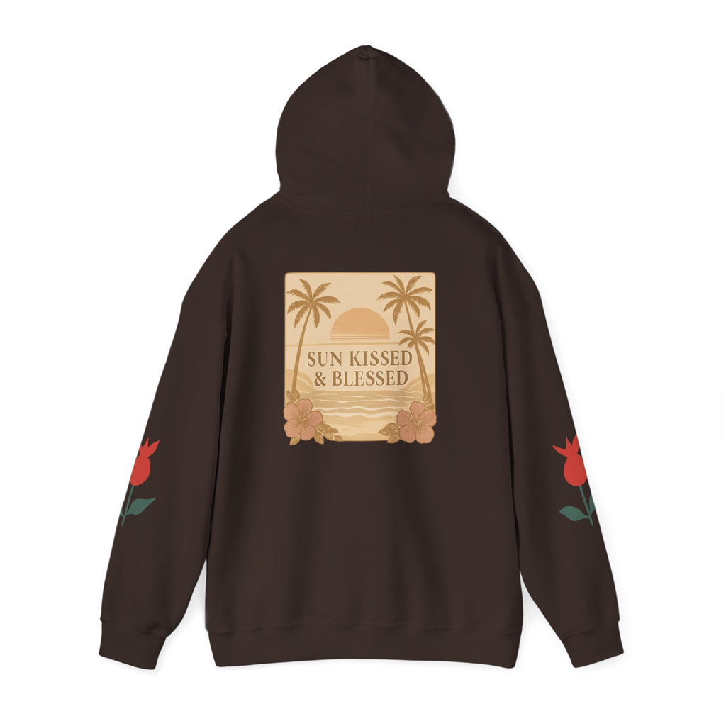 Coastal Soul Hoodie — 'Sun Kissed & Blessed' Tropical Palm Graphic Hooded Sweatshirt