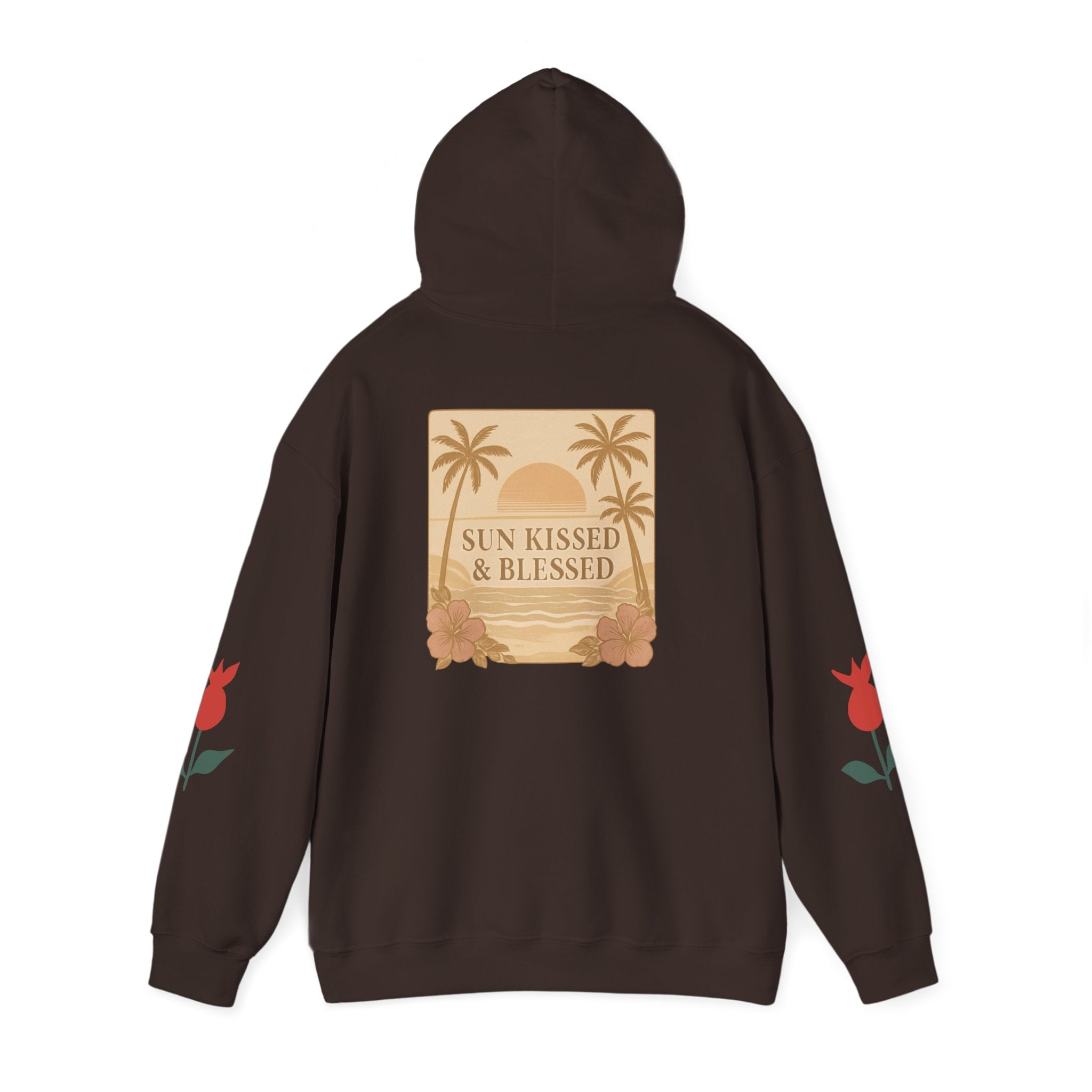 Coastal Soul Hoodie — 'Sun Kissed & Blessed' Tropical Palm Graphic Hooded Sweatshirt