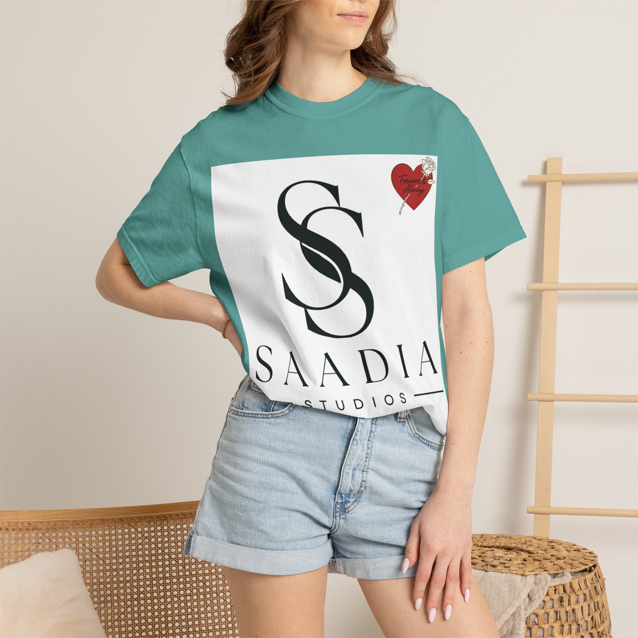 Saadia Studios Logo T-Shirt — SS Monogram Tee with Heart Accent