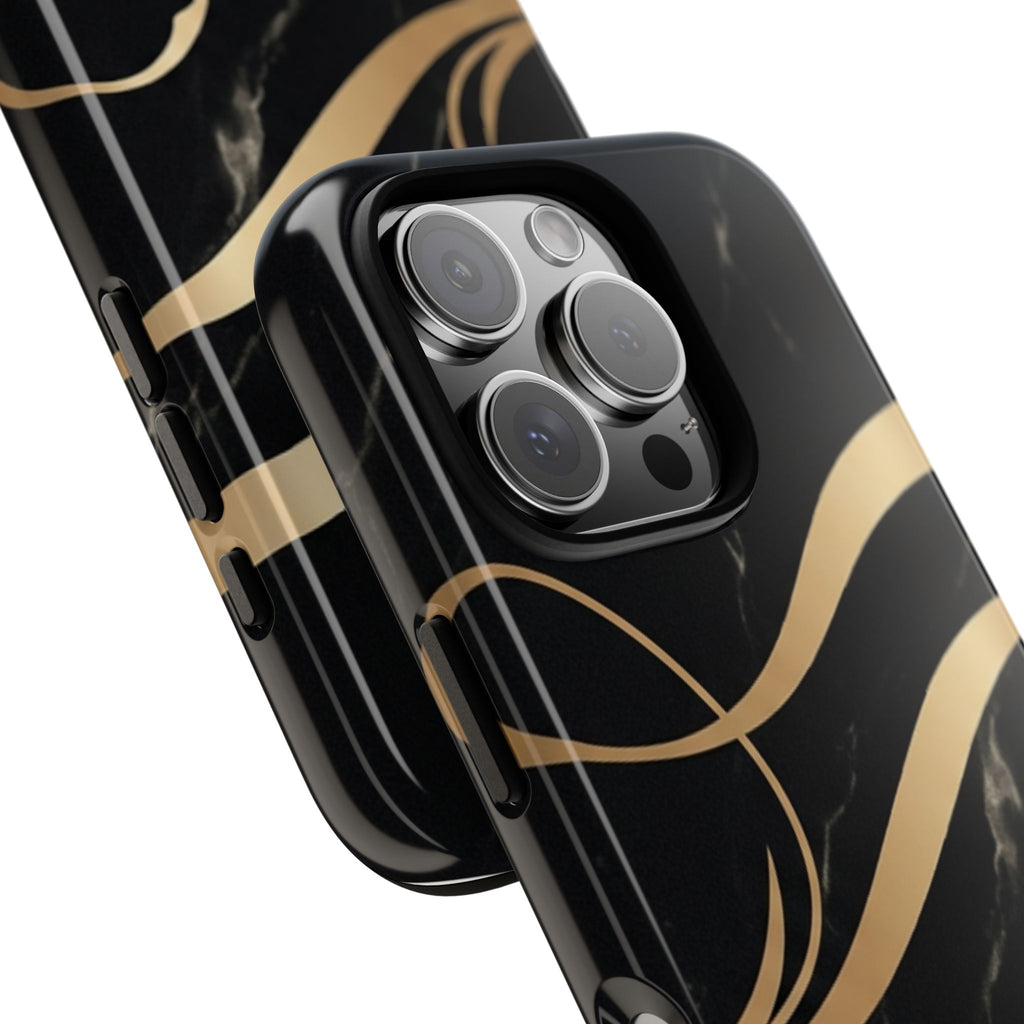 Black Marble Phone Case with Gold Swirl — Elegant Protective Tough Case