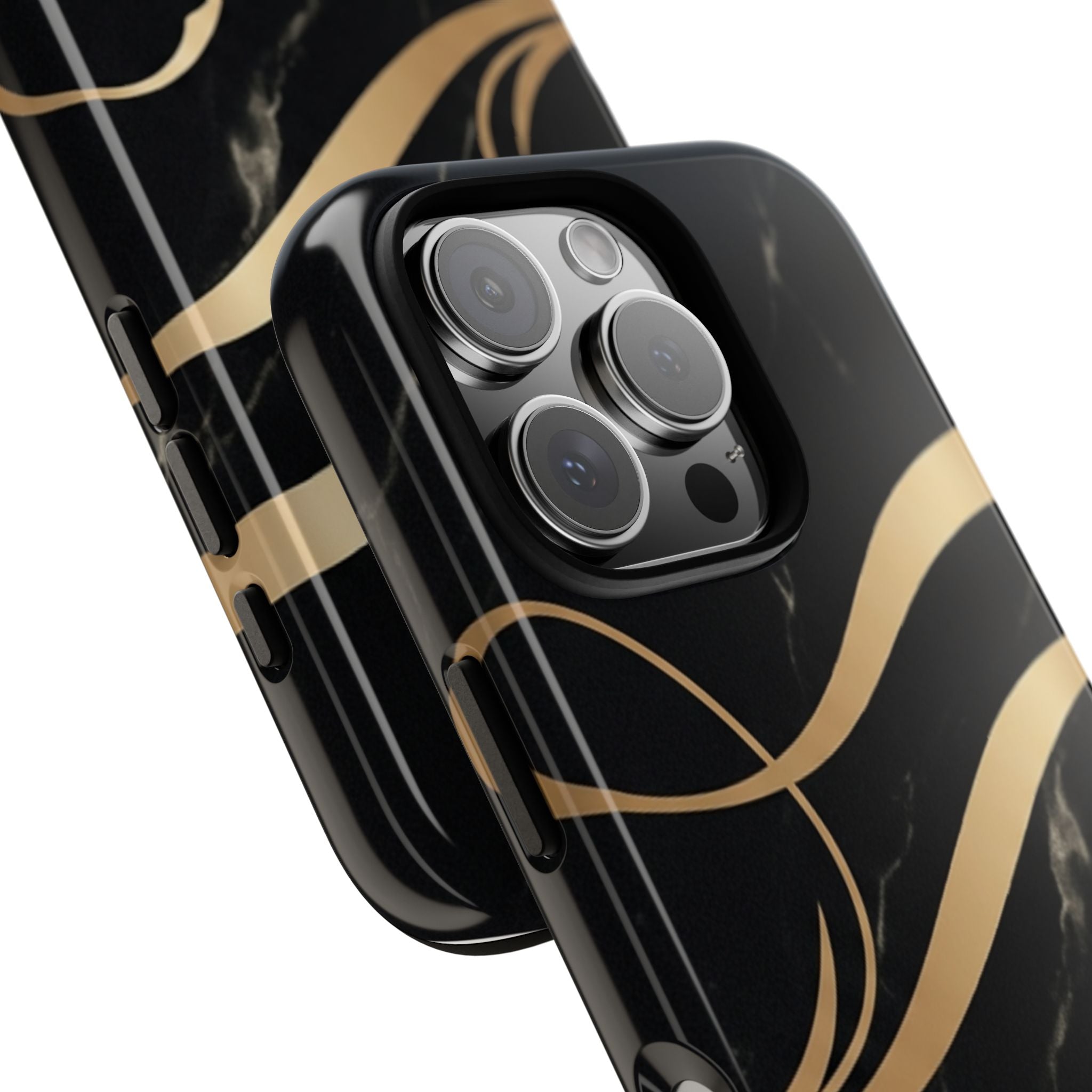 Black Marble Phone Case with Gold Swirl — Elegant Protective Tough Case