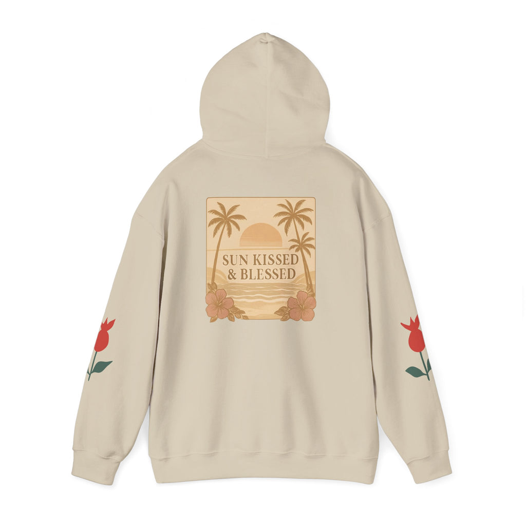Coastal Soul Hoodie — 'Sun Kissed & Blessed' Tropical Palm Graphic Hooded Sweatshirt