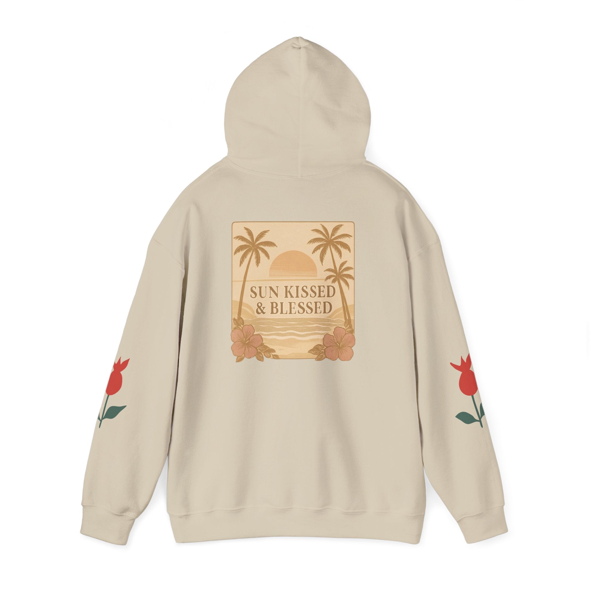 Coastal Soul Hoodie — 'Sun Kissed & Blessed' Tropical Palm Graphic Hooded Sweatshirt