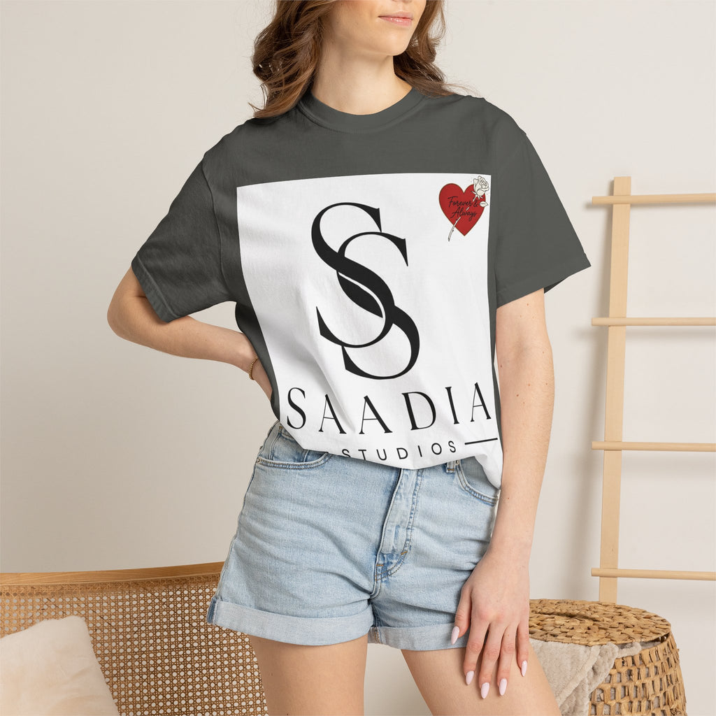 Saadia Studios Logo T-Shirt — SS Monogram Tee with Heart Accent