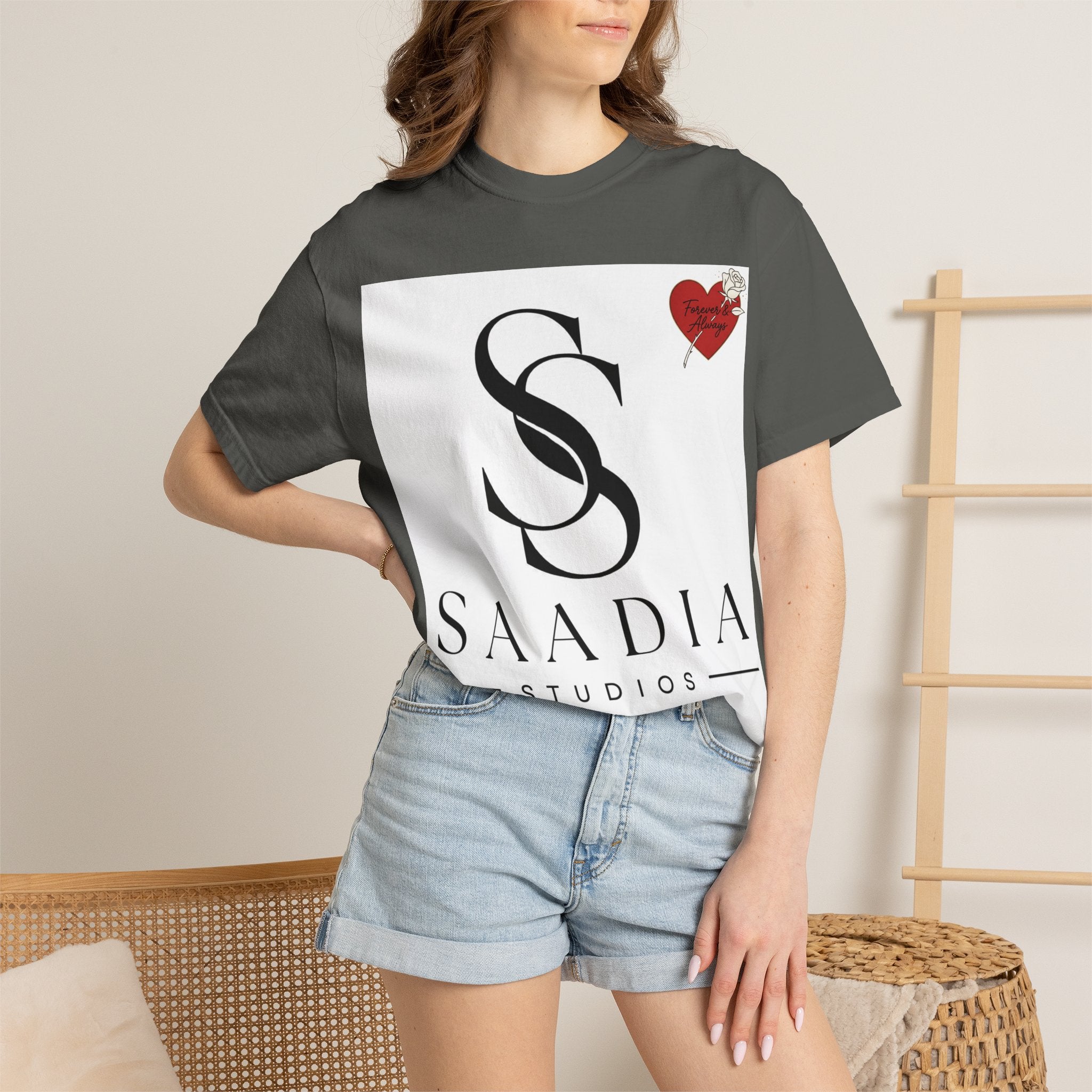 Saadia Studios Logo T-Shirt — SS Monogram Tee with Heart Accent