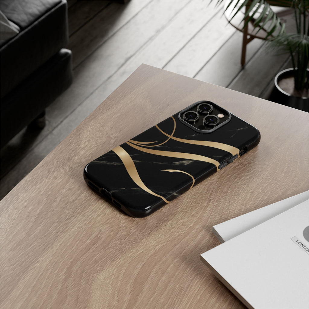 Black Marble Phone Case with Gold Swirl — Elegant Protective Tough Case