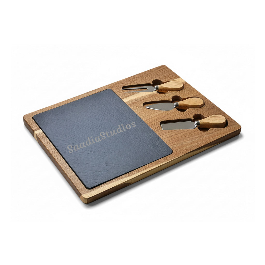 Engraved Acacia Charcuterie Board with Slate Insert & Cheese Knives