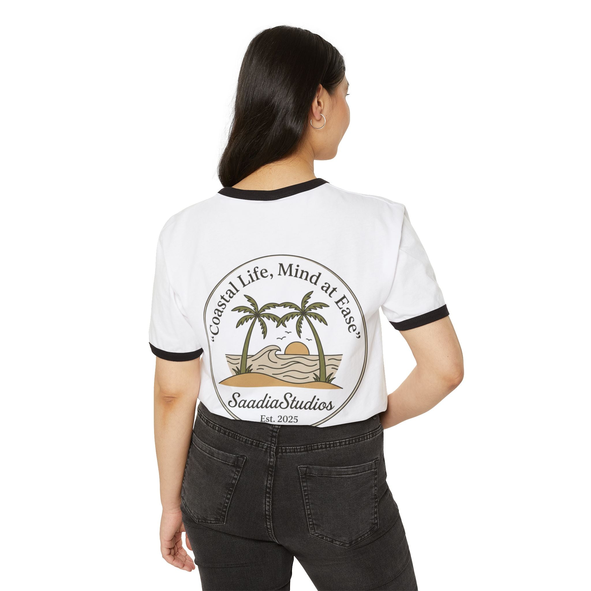 Coastal Life Ringer T-Shirt — "Coastal Life, Mind at Ease" Palm Sunset Tee